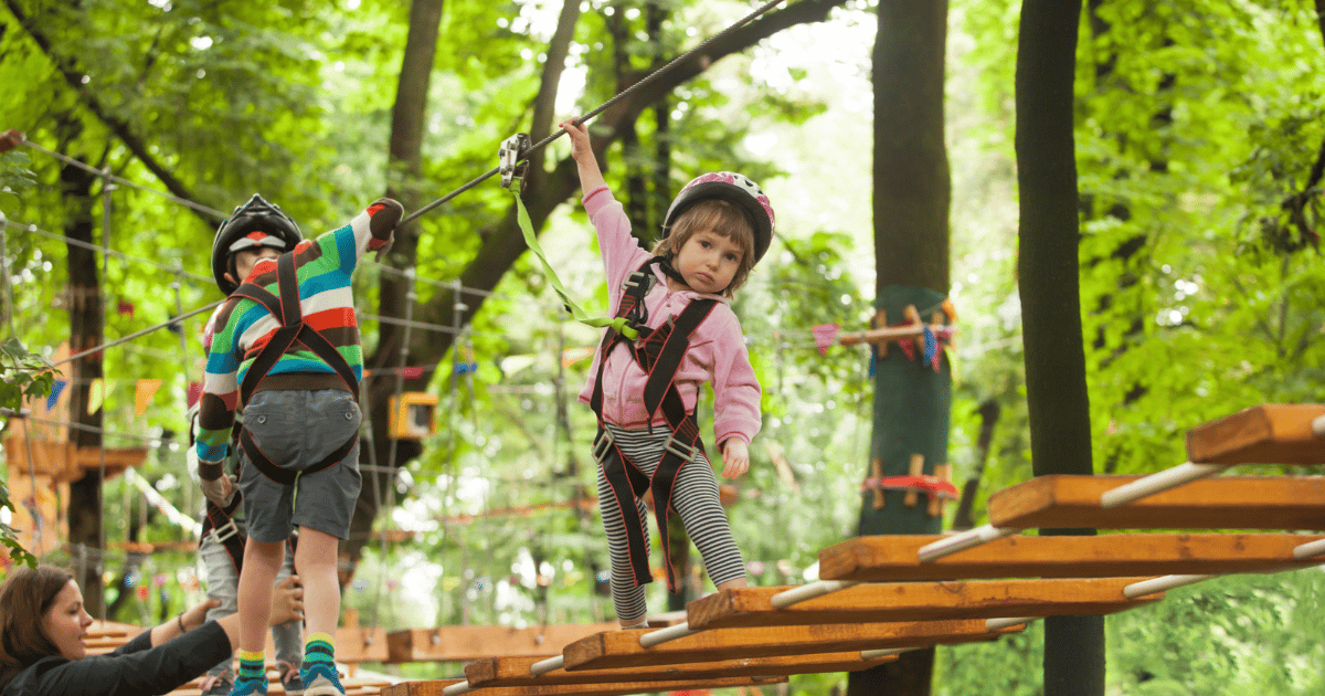 Children with protective equipment for a challenging activity on a trip