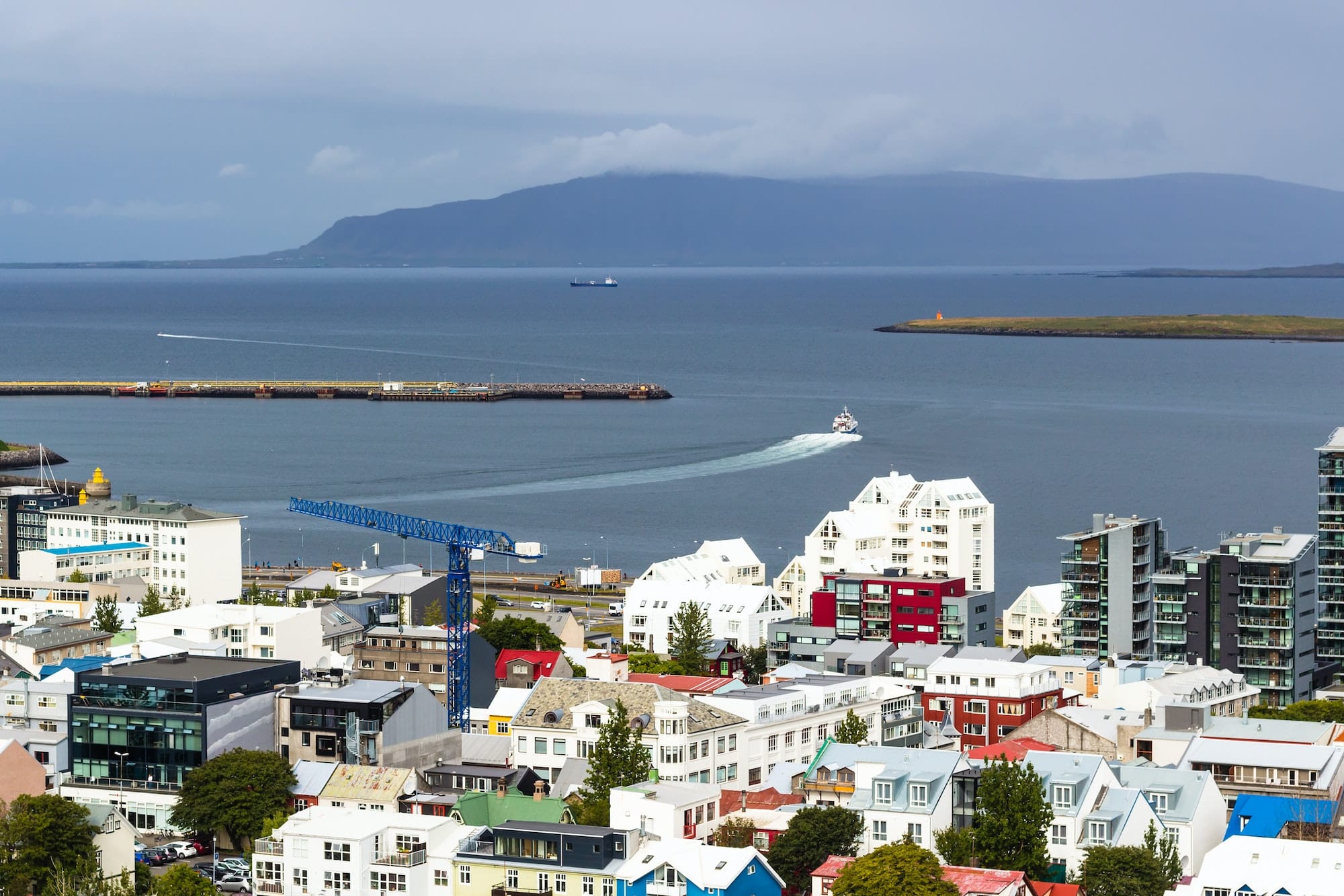 above view of city and port in Reykjavik