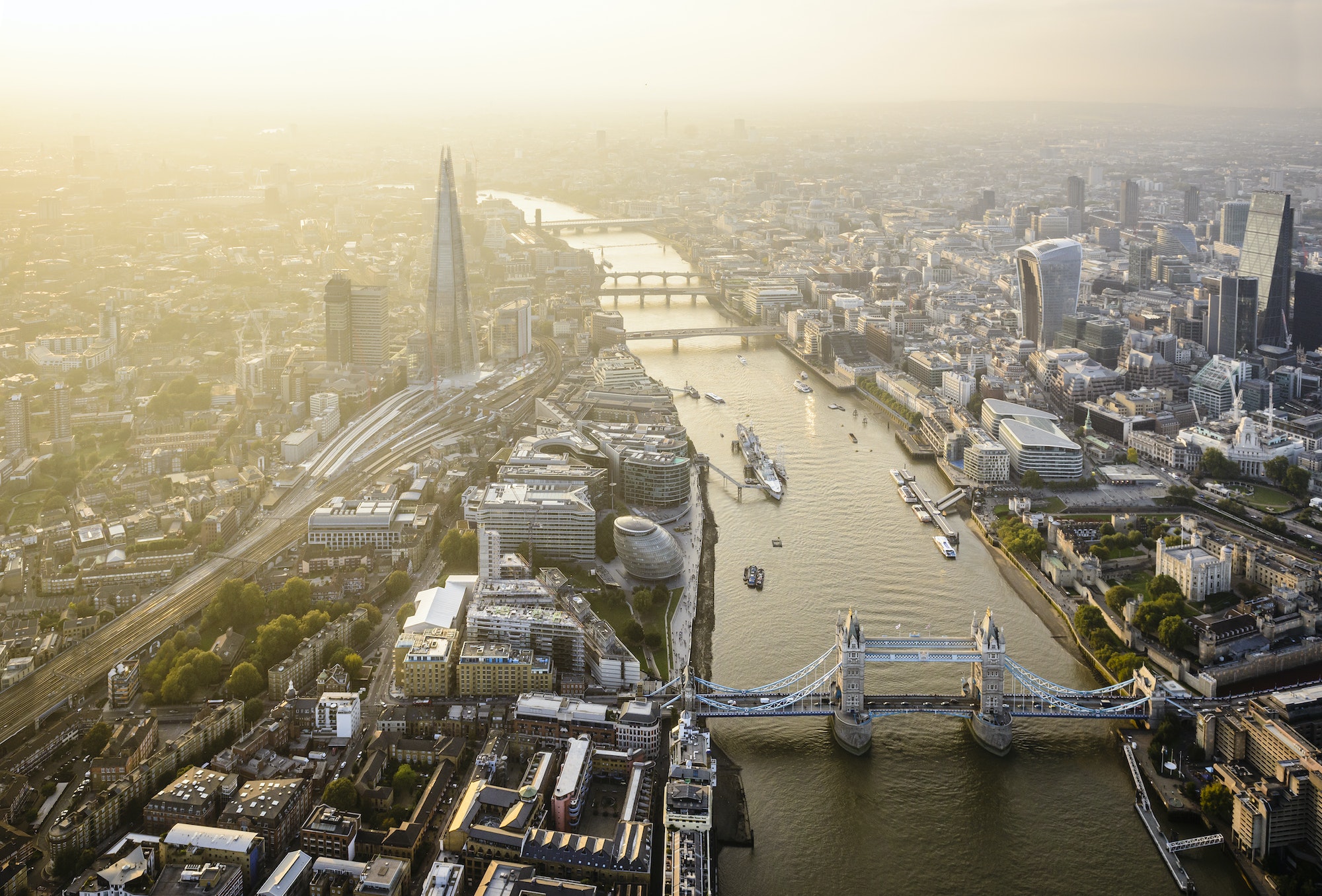 Aerial view of London cityscape and river, England