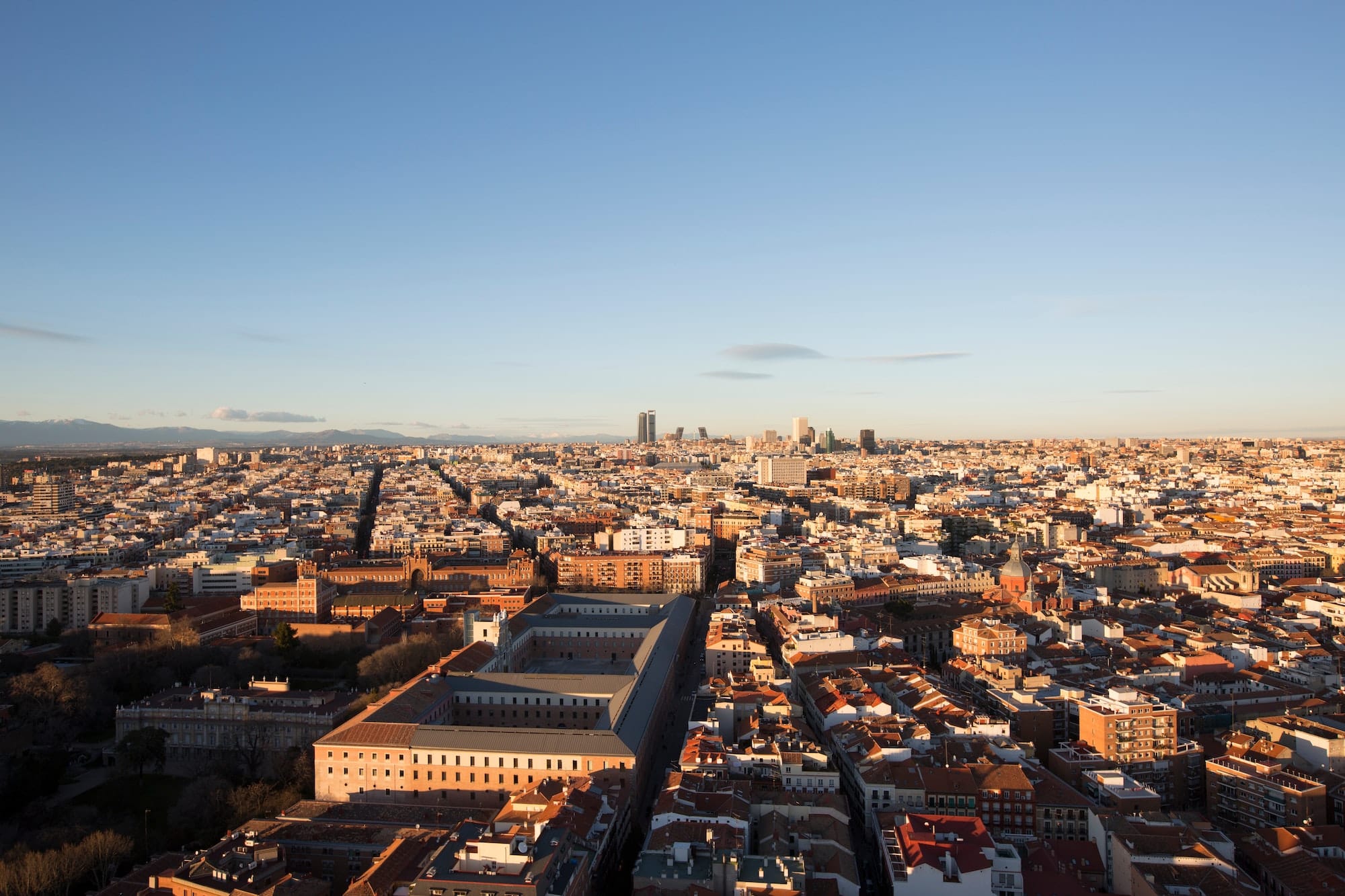 Aerial view of Madrid city at sunset