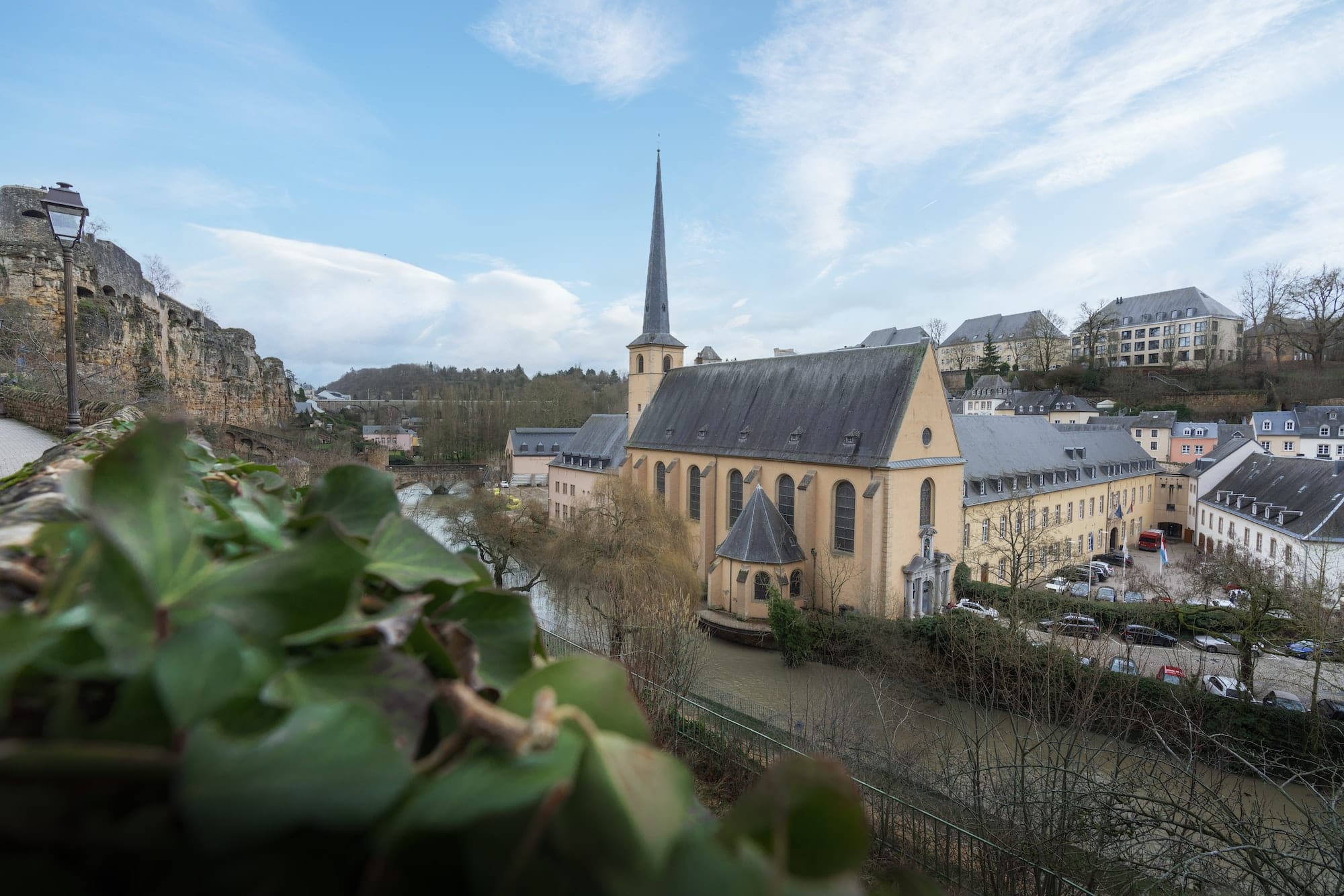 Aerial view of The Grund with Neumunster Abbey and Alzette River - Luxembourg City, Luxembourg