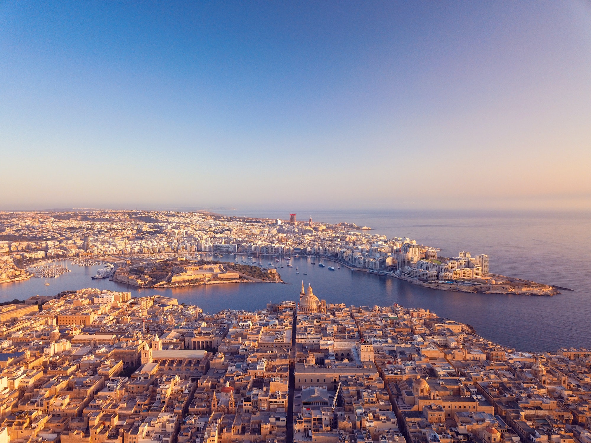 Aerial view of Valletta city in Malta during sunrise.