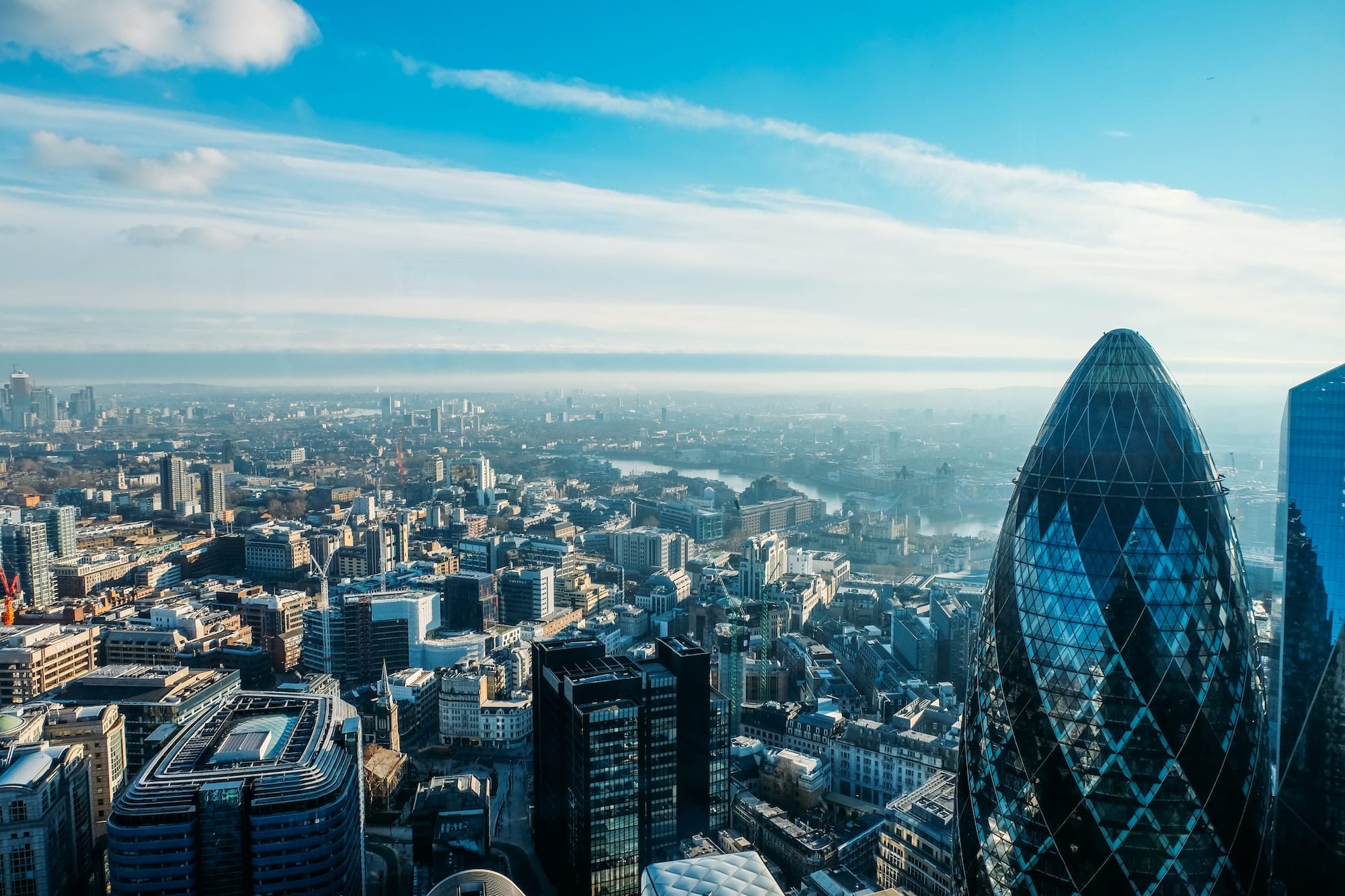 Ariel skyline view over London city including the gherkin building