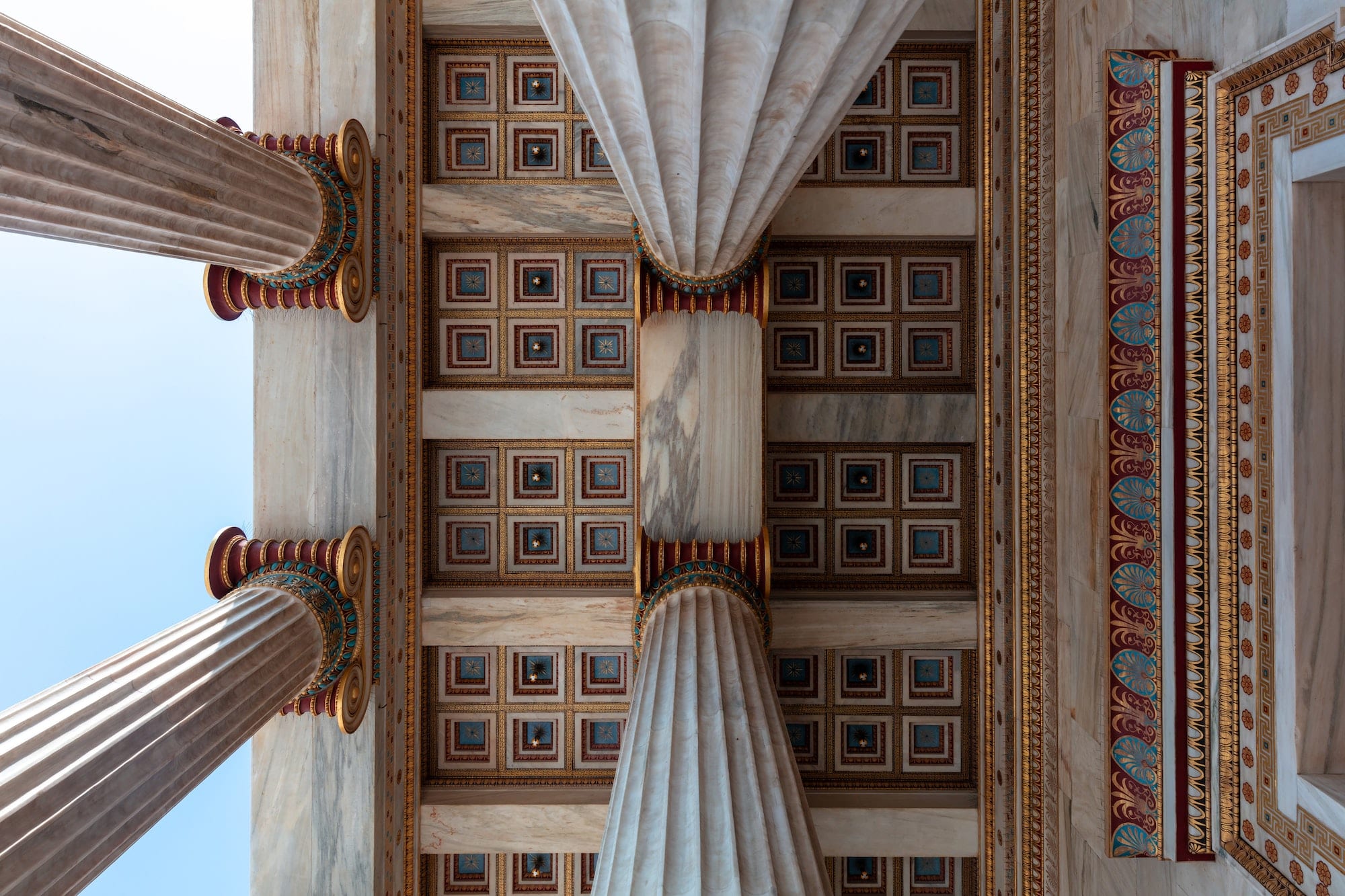Athens Academy entrance ceiling under view. Greece