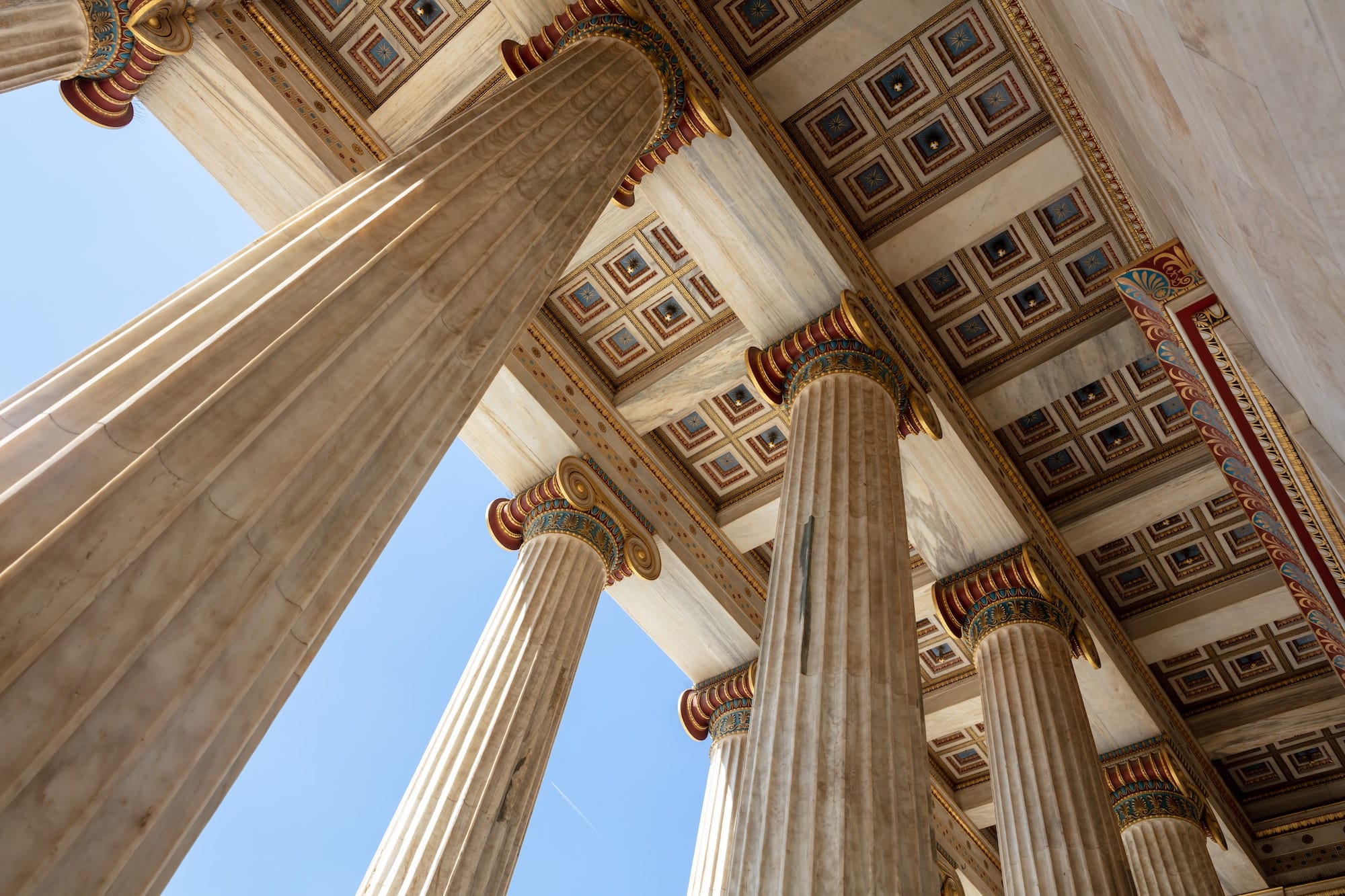 Athens Academy entrance ceiling under view. Greece