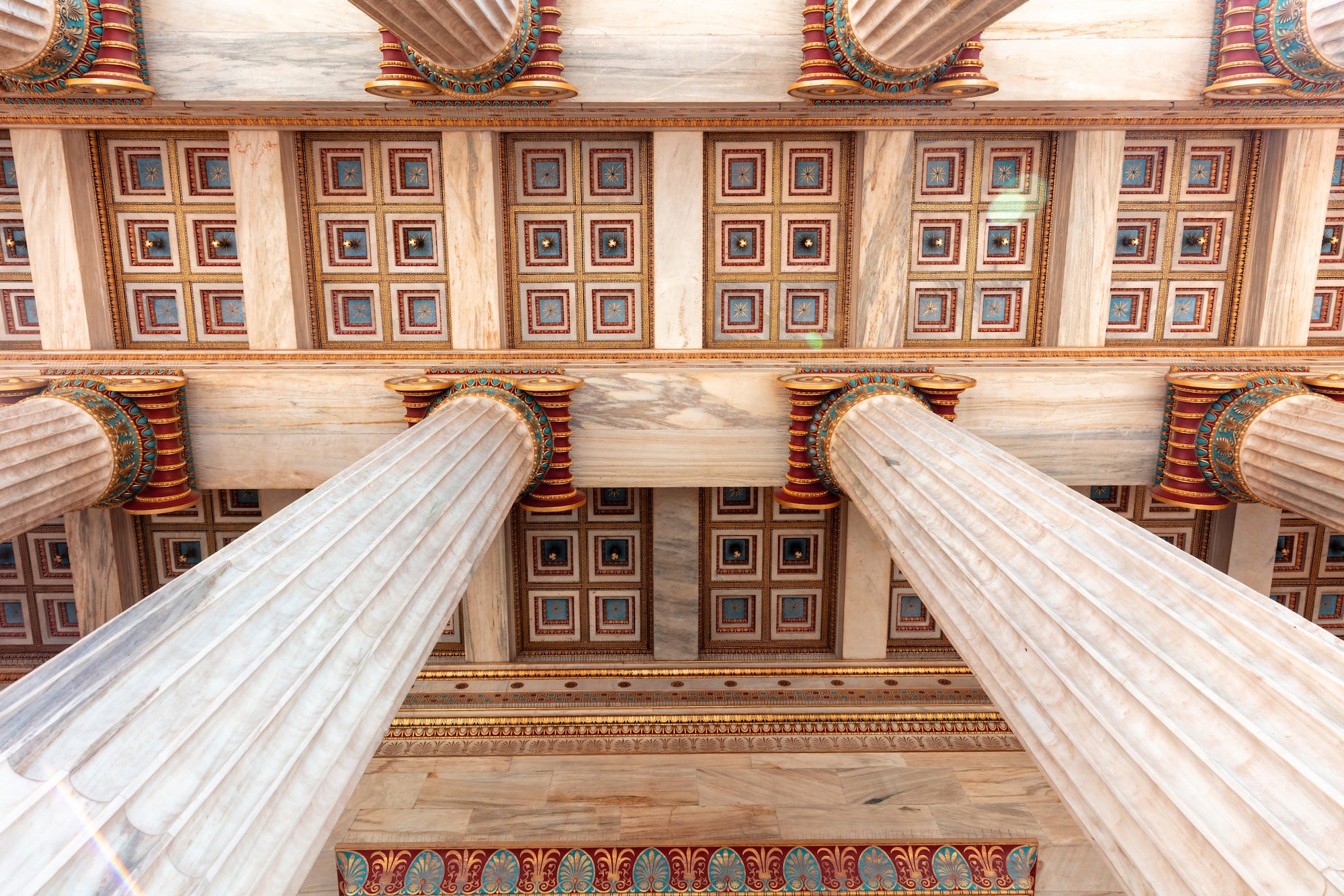 Athens Academy entrance ceiling under view. Greece