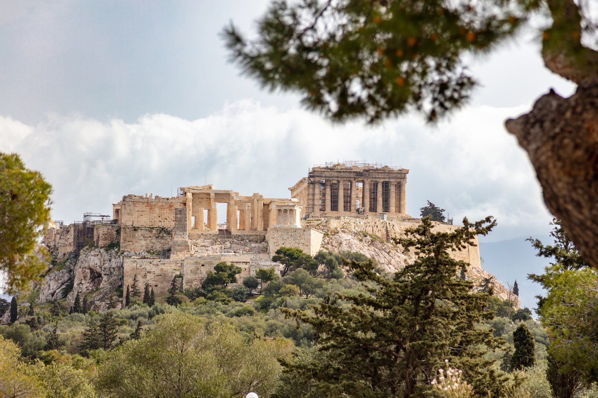 Athens, Greece, Acropolis hill, cloudy sky background