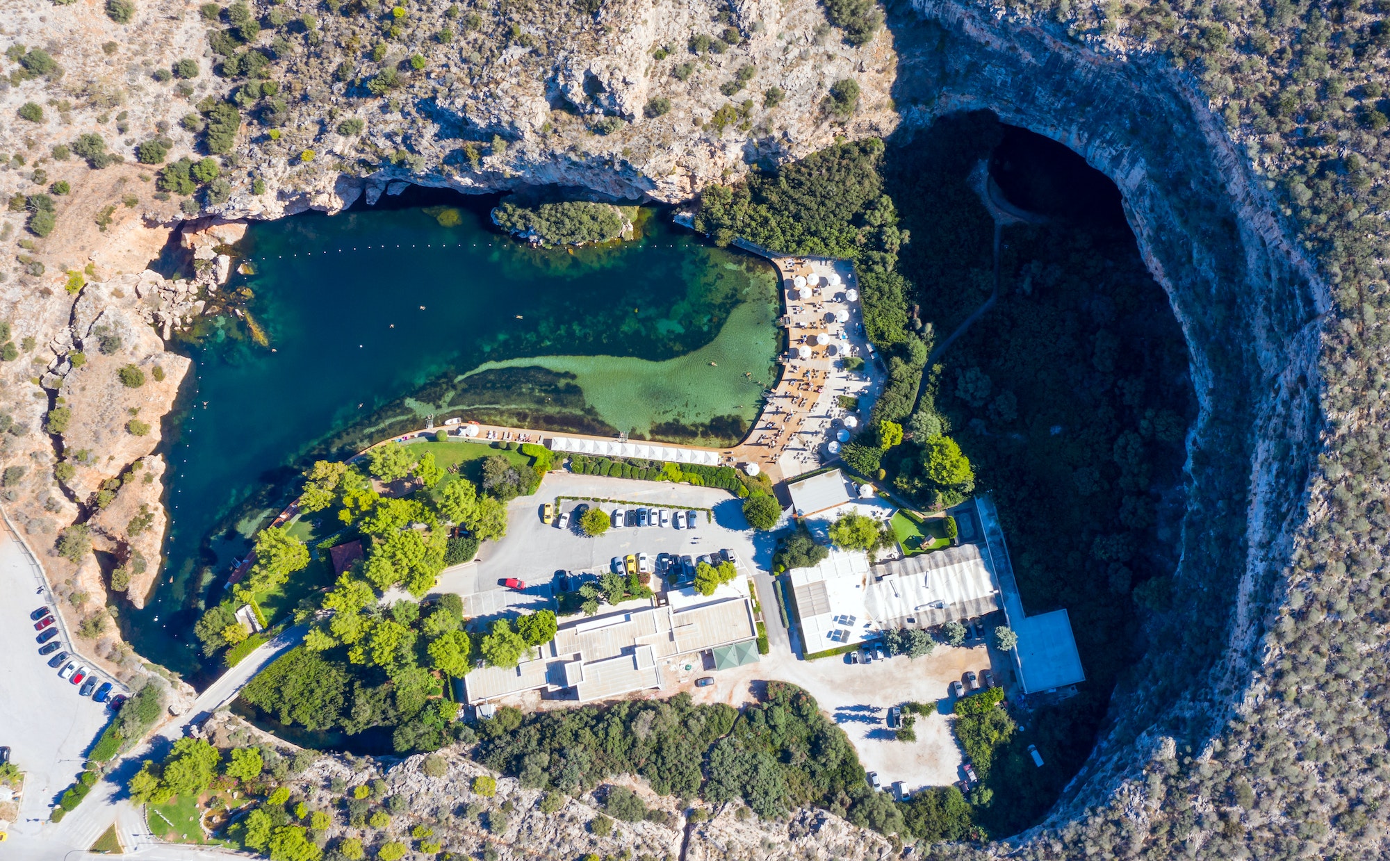 Athens Greece. Aerial drone view of Vouliagmeni lake.