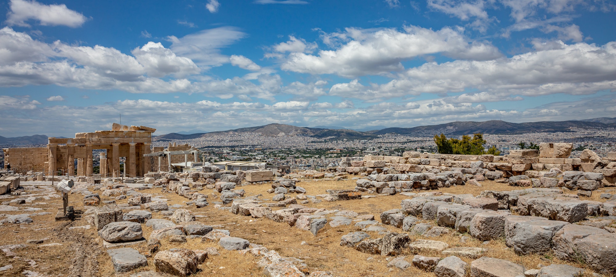 Athens, Greece. Propylaea in the Acropolis, monumental gate, blue sky background