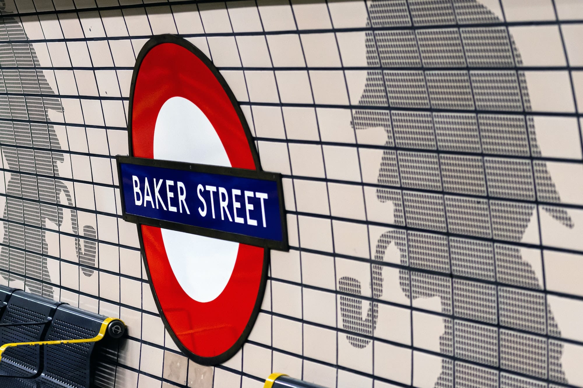 Baker Street Underground London sign inside the station, London, UK