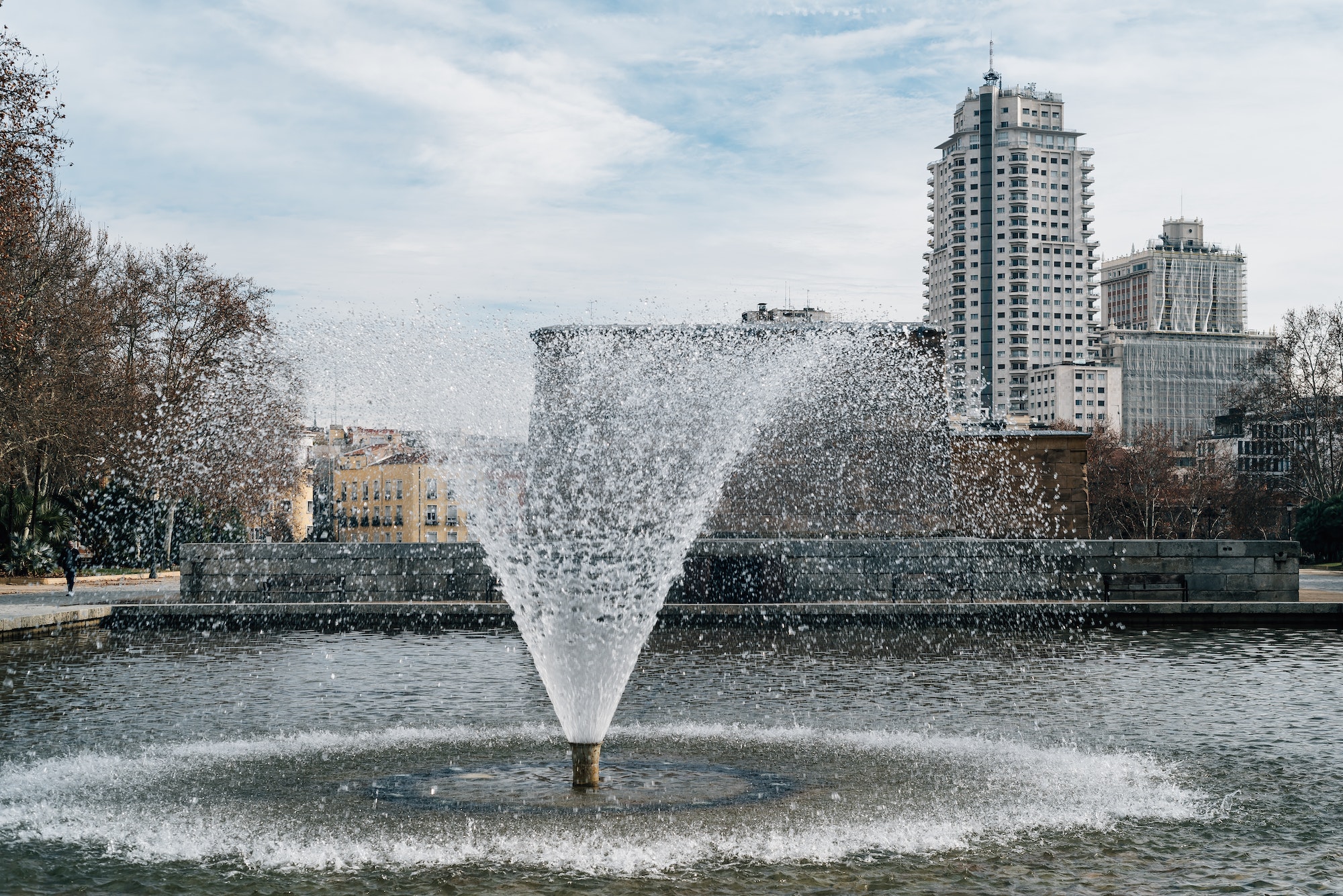 Cityscape of Madrid from the fountain of the Temple Of Debod