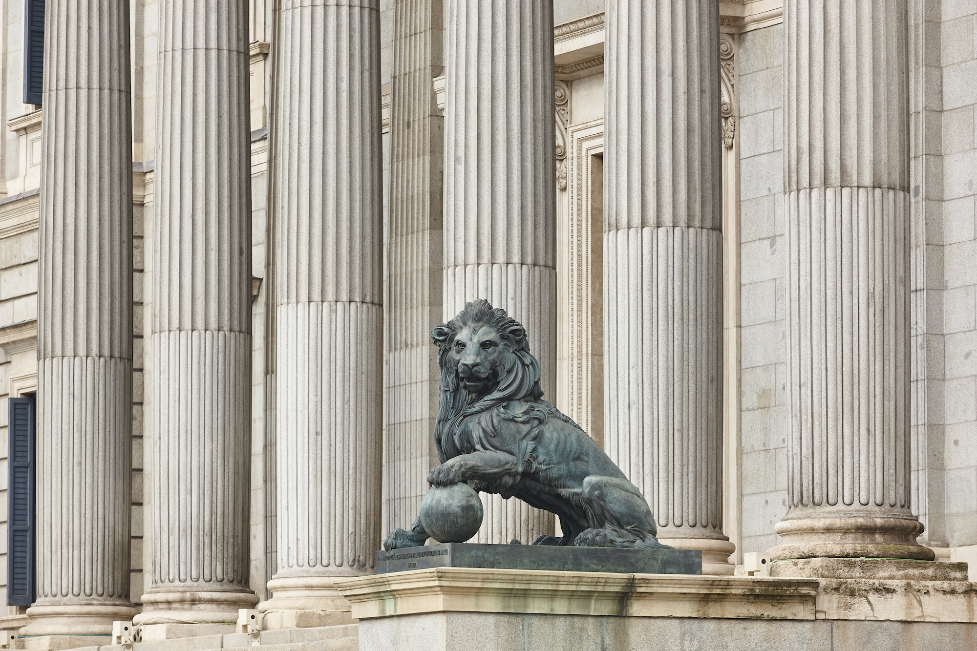 Columns in parliament facade in Madrid city center. Spain