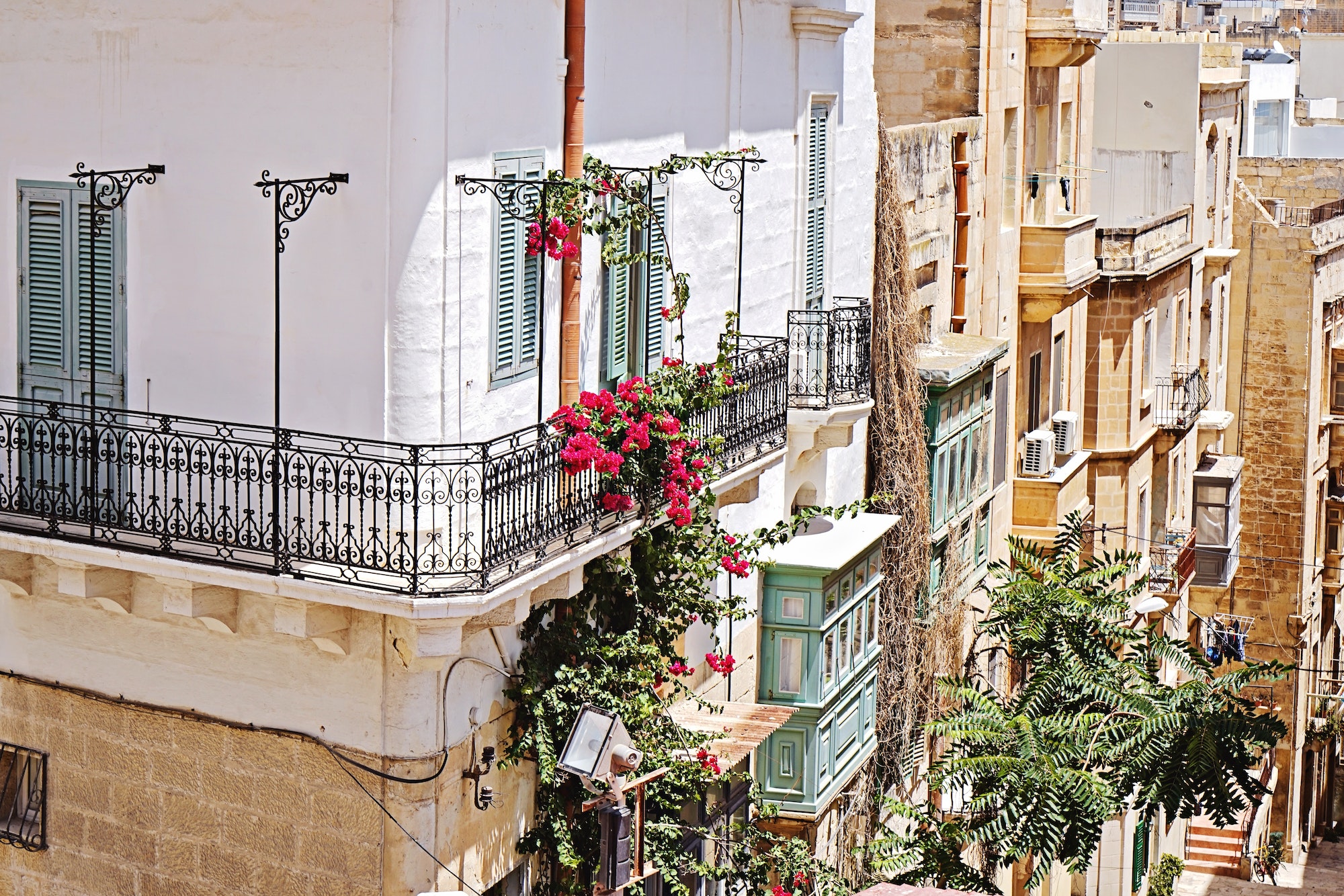 Facades with balcony an authentic residential building in Valletta, Malta