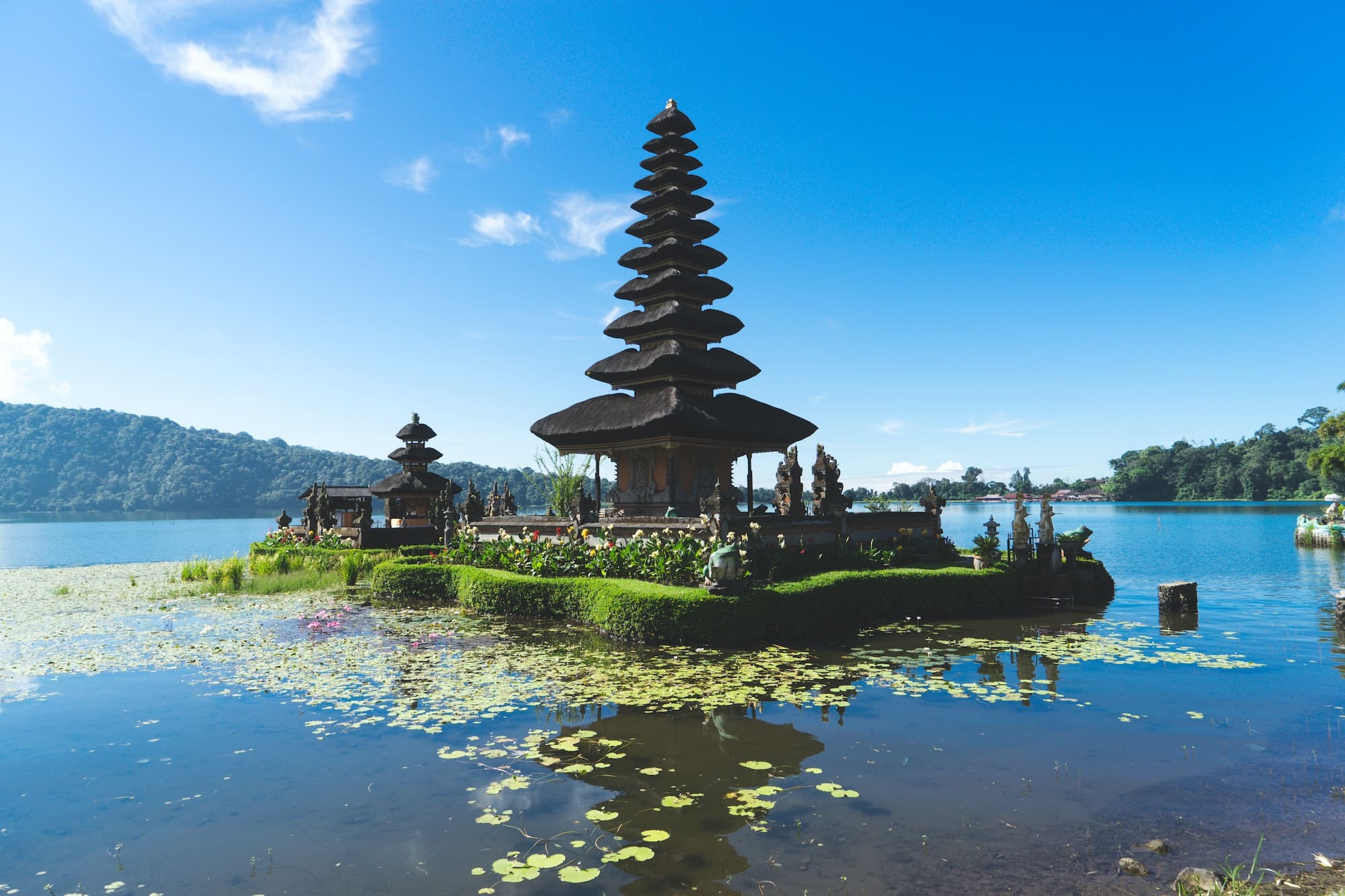 Floating temple in Bali, Indonesia with beautiful lily pads