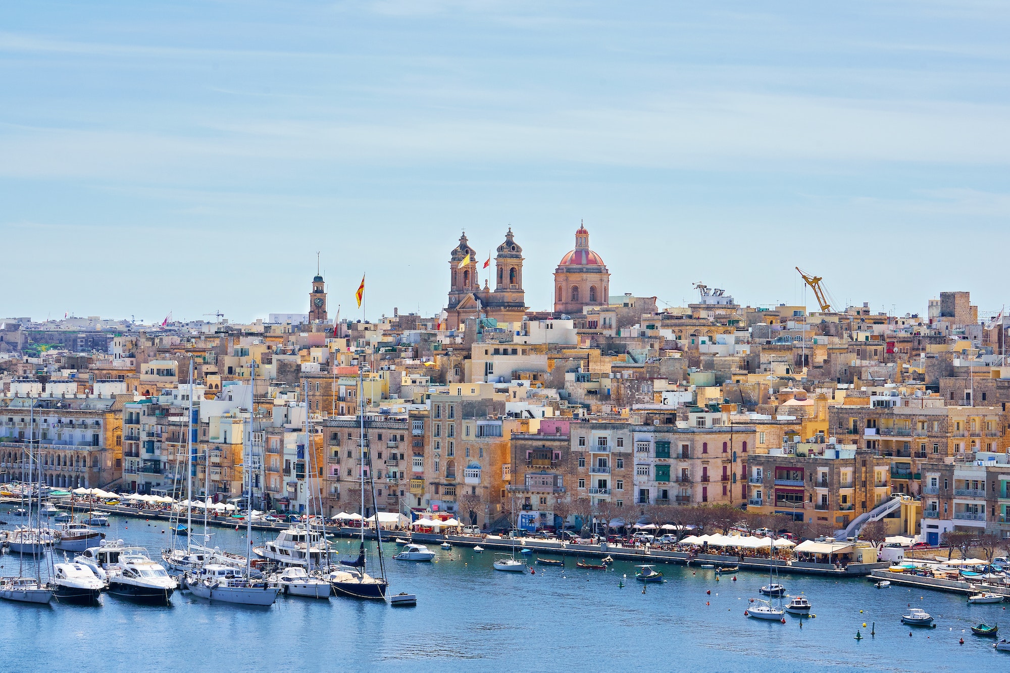 General view on Birgu town waterfront and skyline with St. Lawrence's Church in Vittoriosa