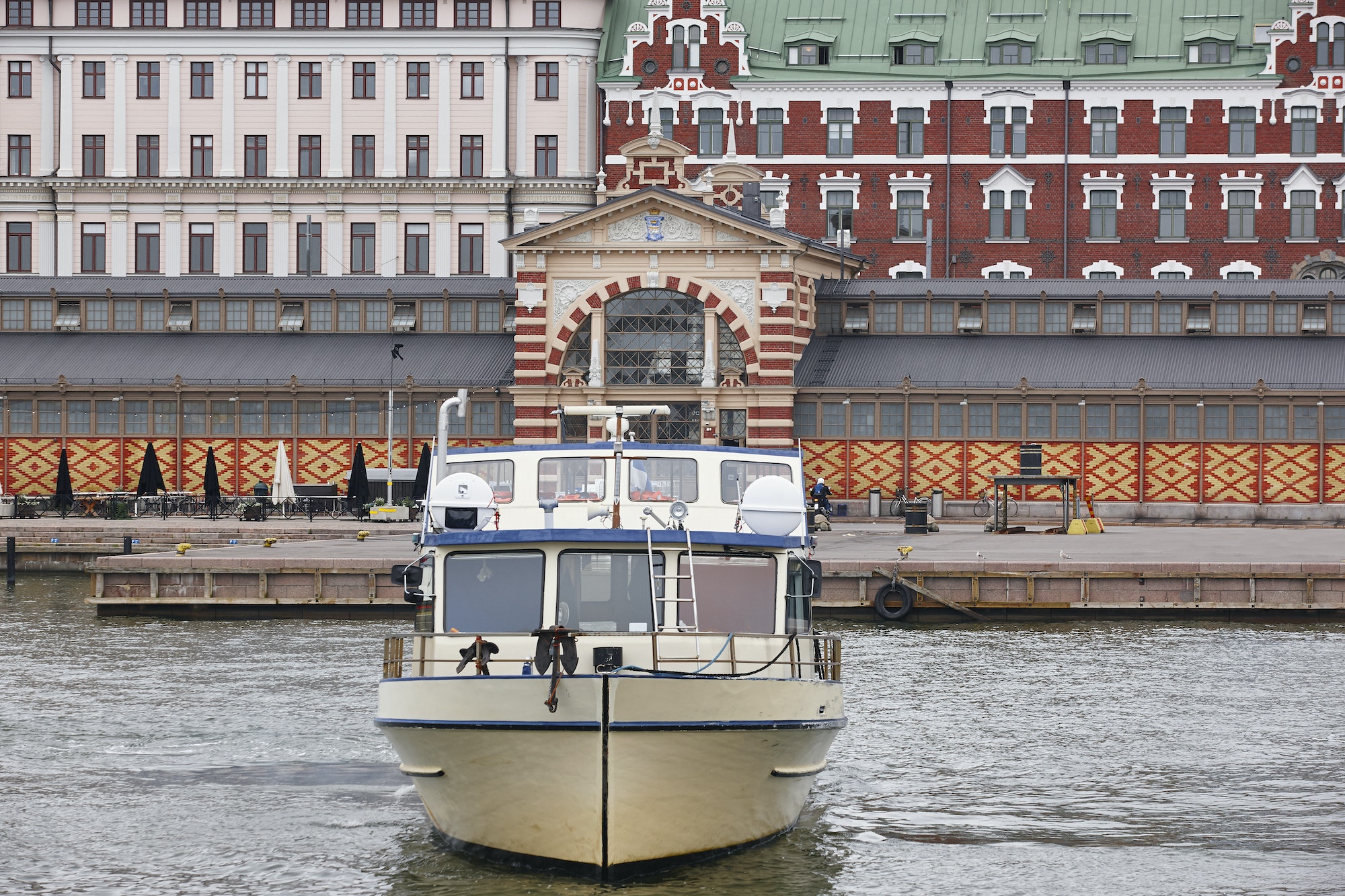 Helsinki city center and harbor. Traditional brick colored buildings. Finland