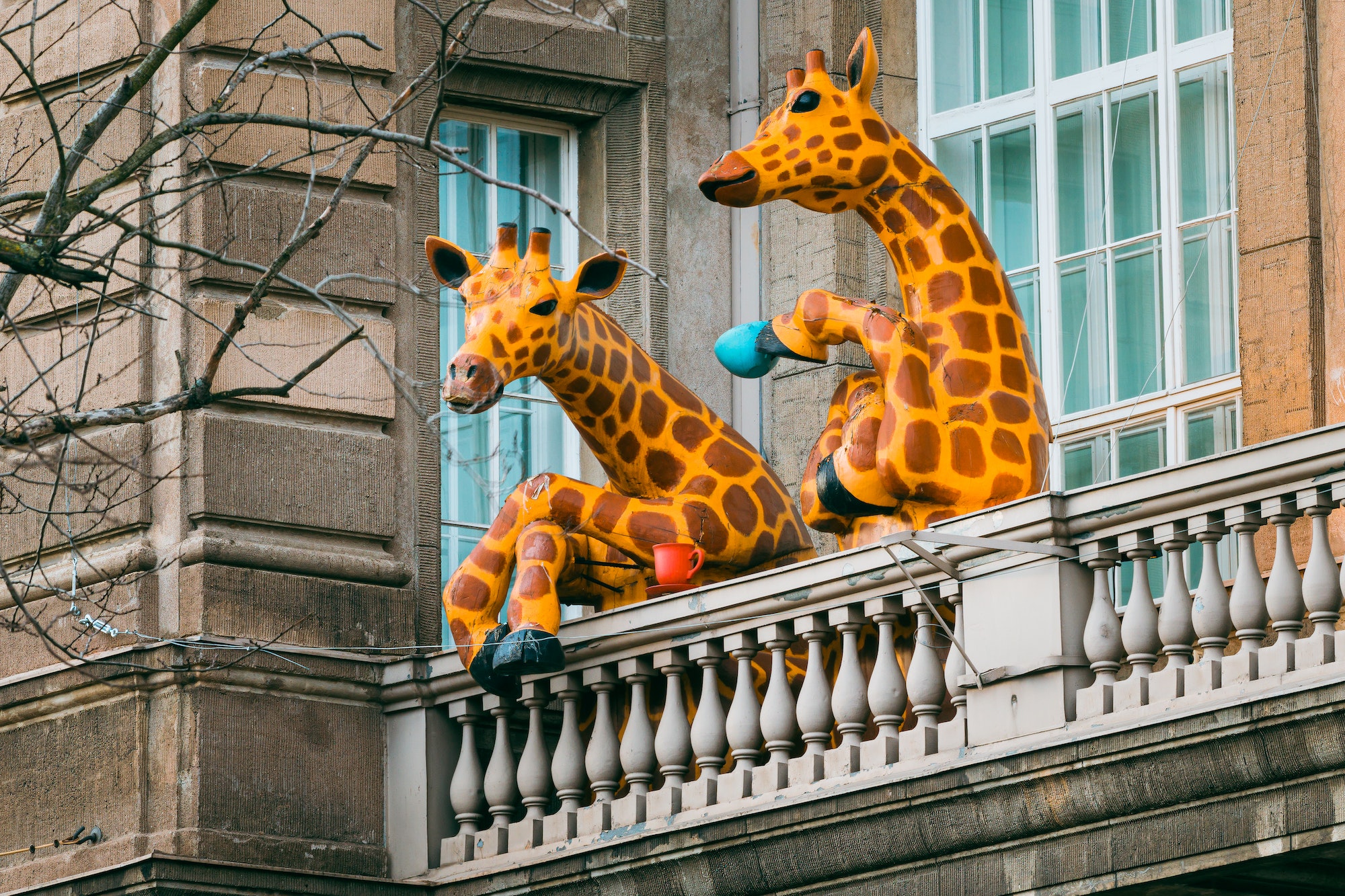 Helsinki, Finland. Amusing Installation As Giraffe Drinking Tea On Balcony Of Natural History Museum