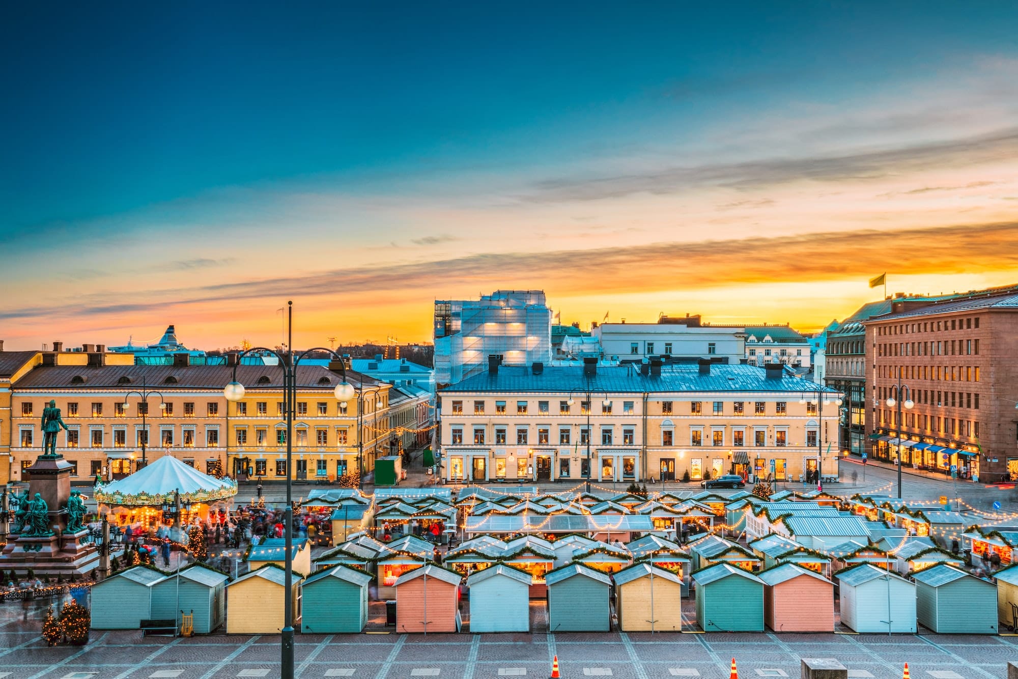 Helsinki, Finland. Christmas Xmas Market On Senate Square In Sun