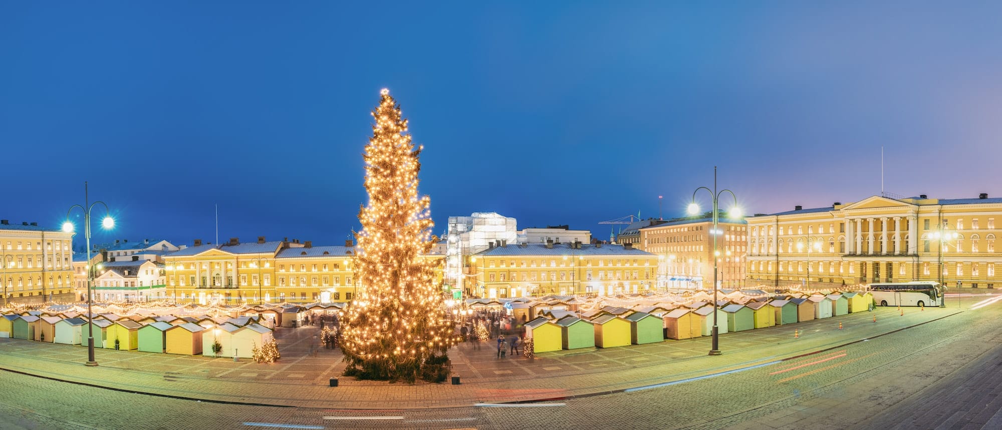 Helsinki, Finland. Evening Panorama Panoramic View Of Christmas Tree On Senate Square In Evening