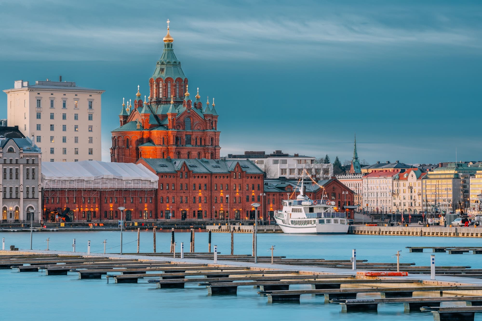 Helsinki, Finland. Kanavaranta Street With Uspenski Cathedral In Winter Morning