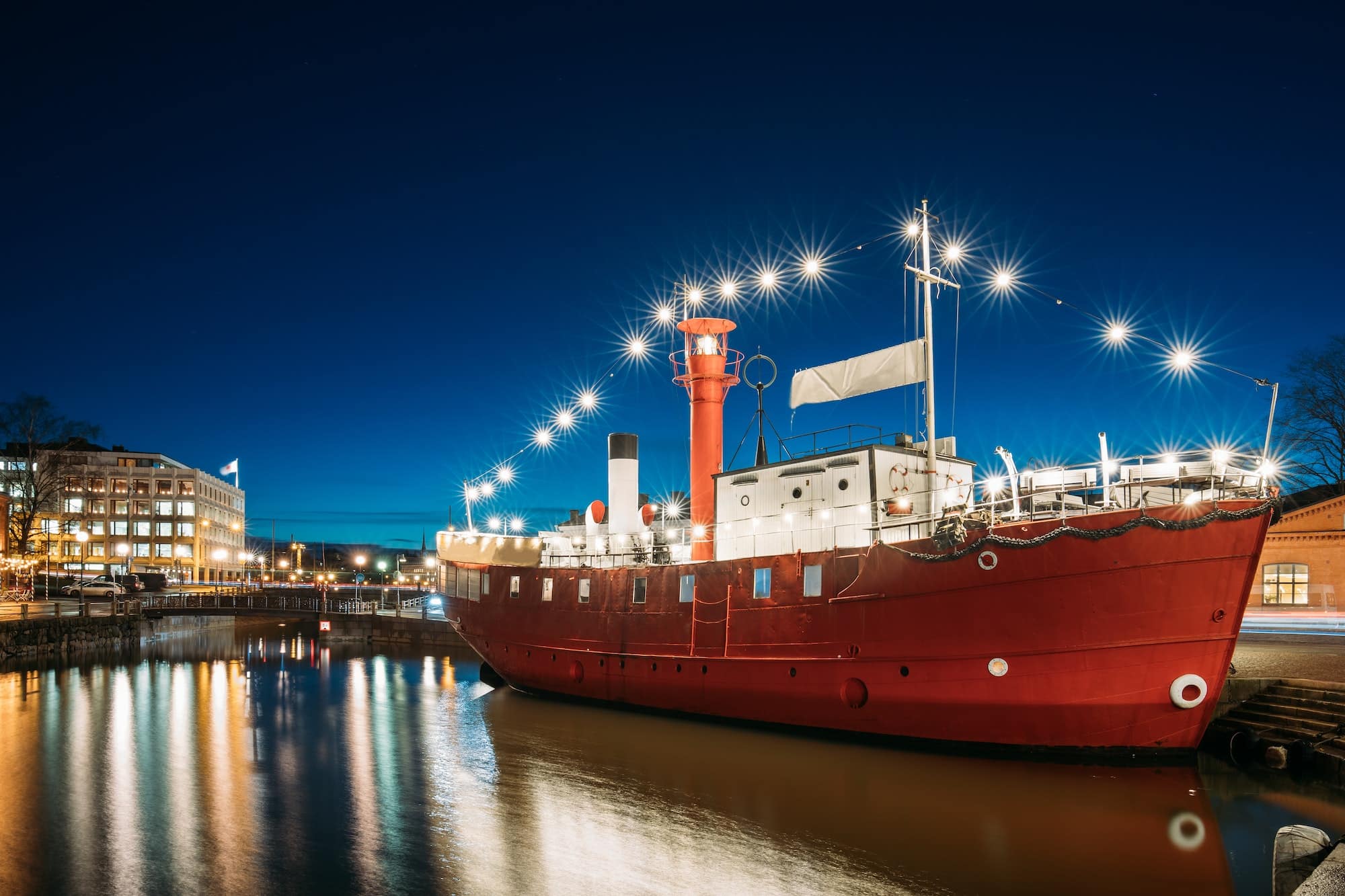 Helsinki, Finland. Moored Steamboat Restaurant In Evening Night