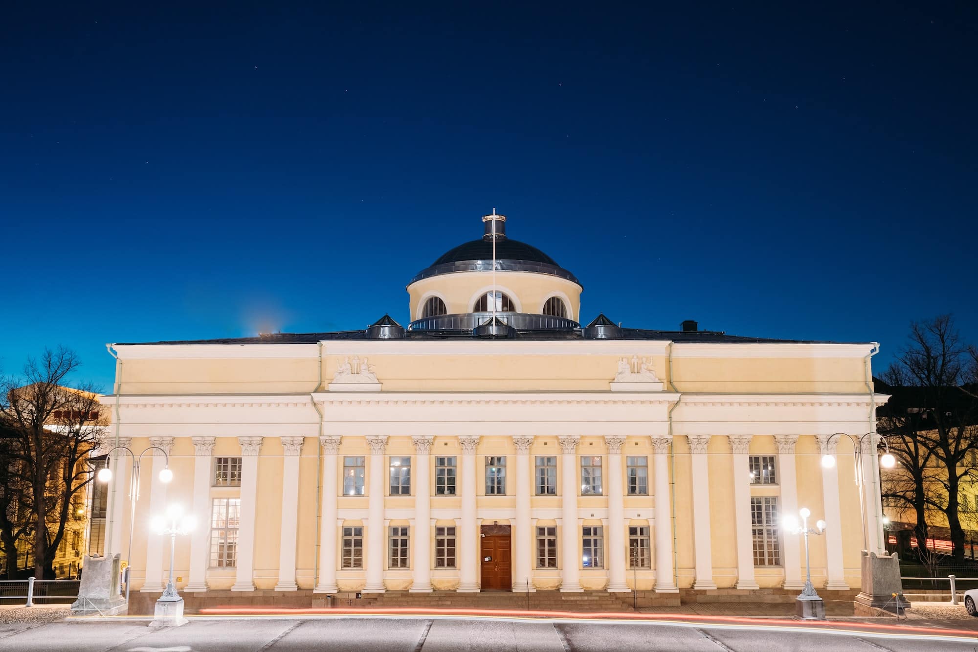 Helsinki, Finland. National Library Of Finland In Lighting At Ev