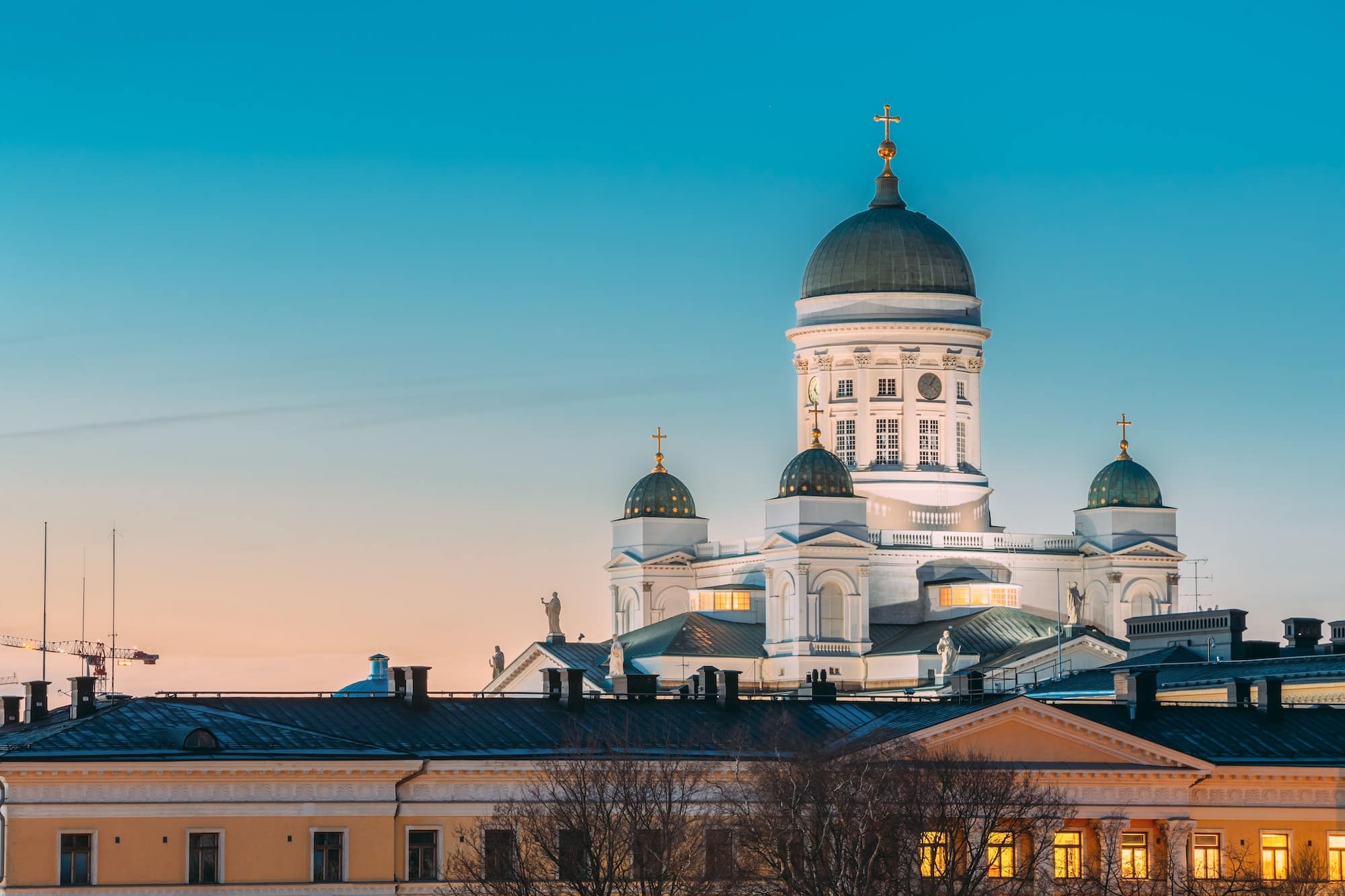 Helsinki, Finland. Night Evening View Of Helsinki Cathedral. Famous Landmark In Blue Hour