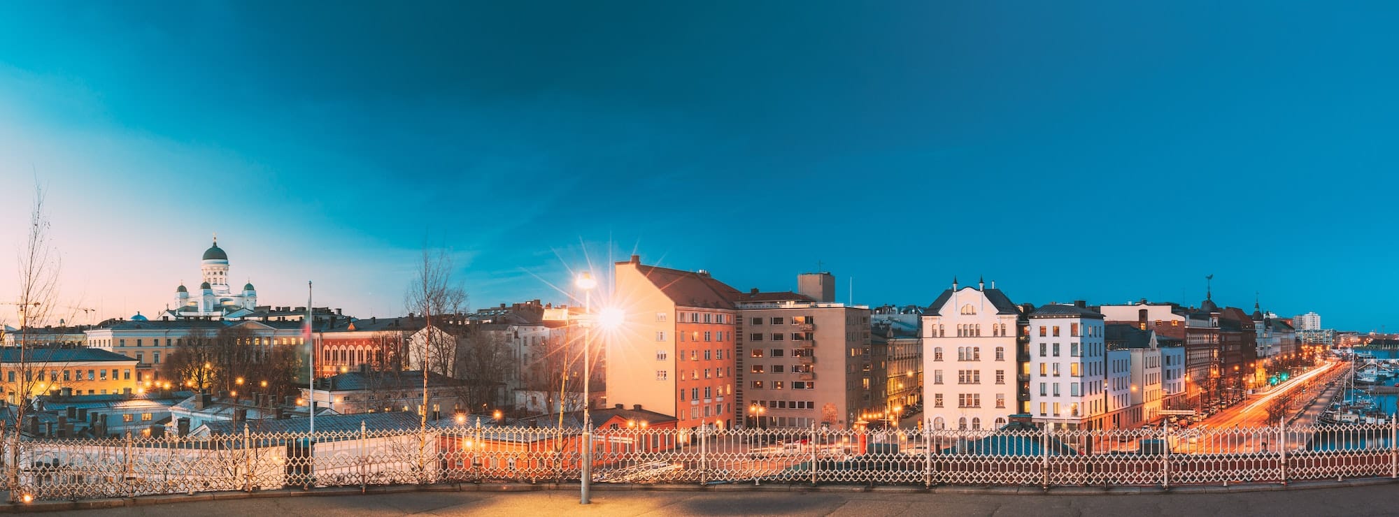 Helsinki, Finland. Panoramic View Of Helsinki Cathedral And Pohjoisranta Street In Evening