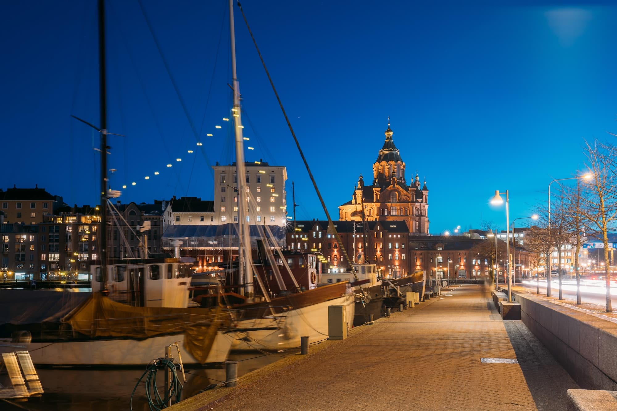 Helsinki, Finland. Pier With Boats, Pohjoisranta Street And View