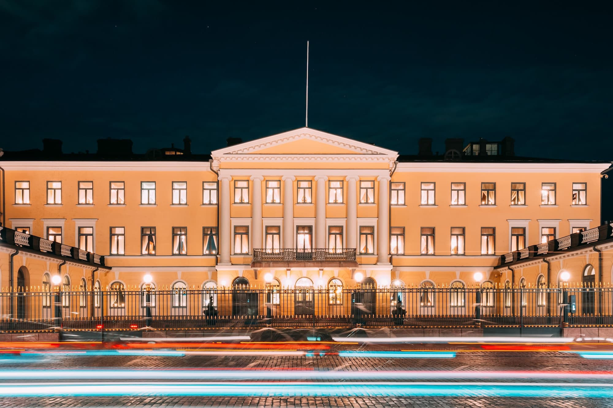Helsinki, Finland. Presidential Palace In Evening Illuminations.