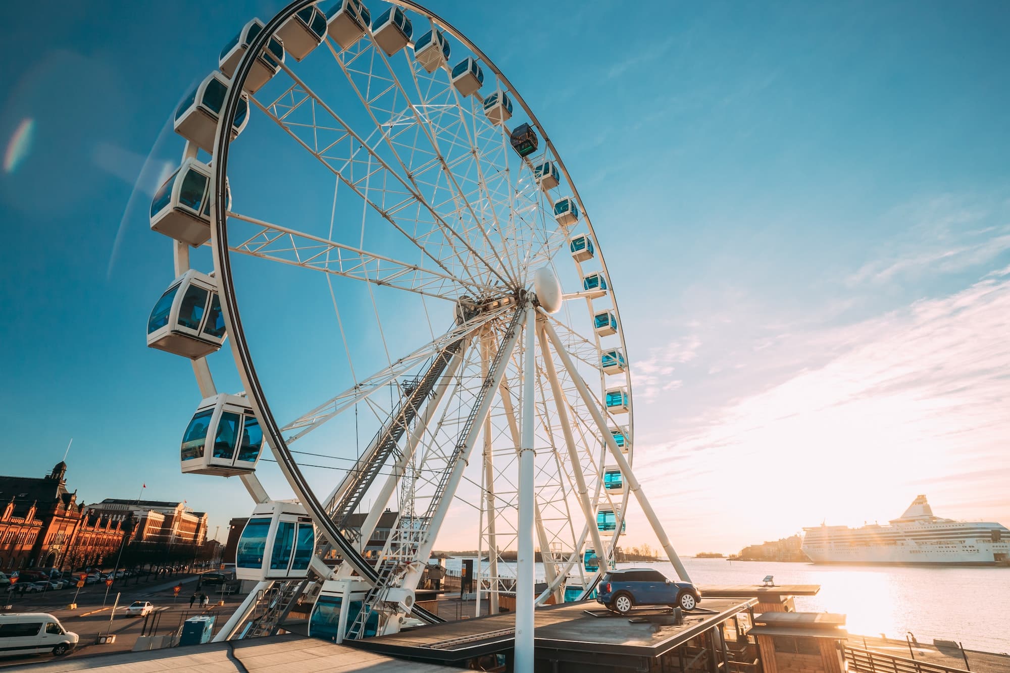 Helsinki, Finland. View Of Embankment With Ferris Wheel In Sunny Day