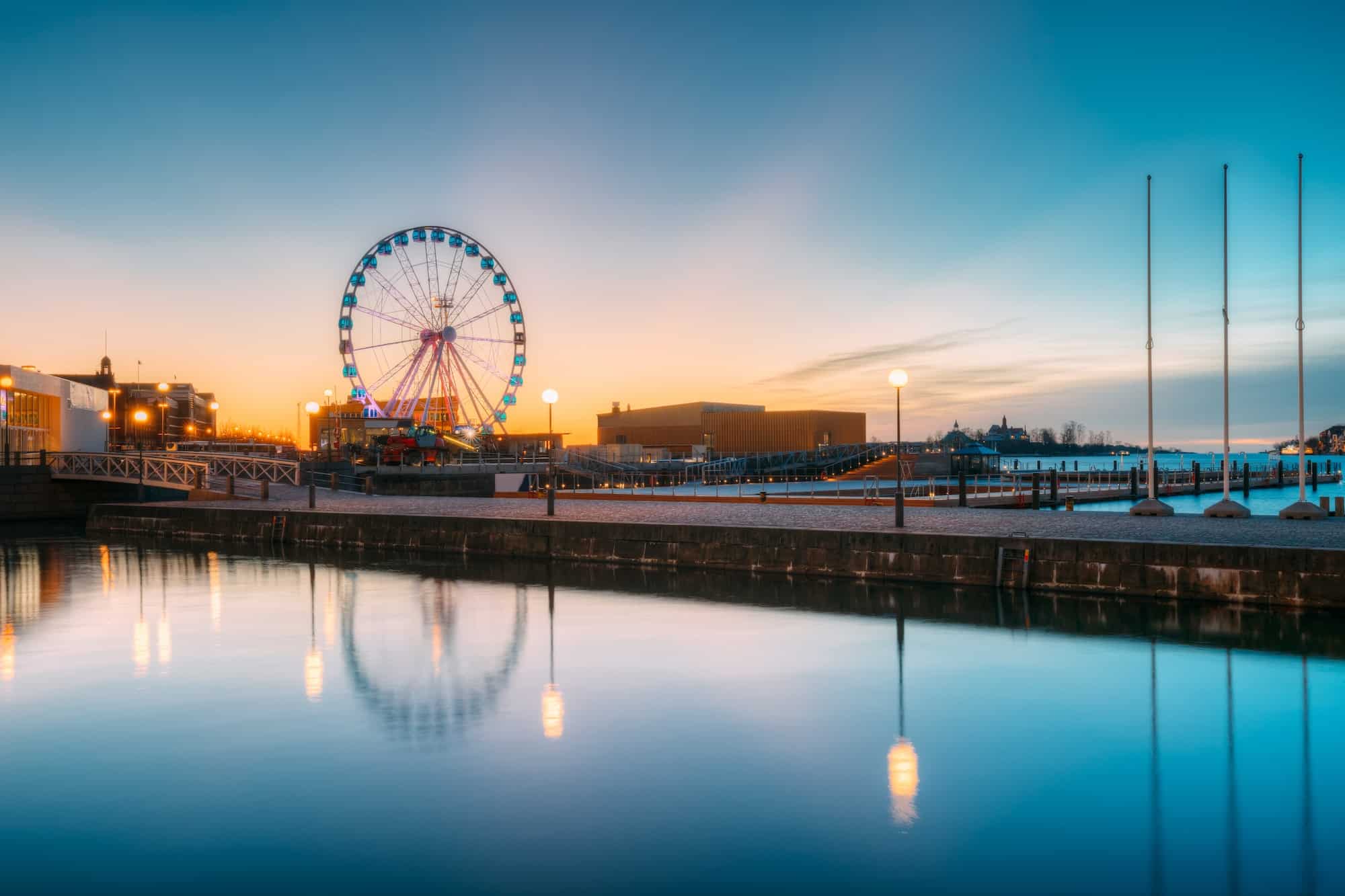 Helsinki, Finland. View Of Embankment With Ferris Wheel In Sunri
