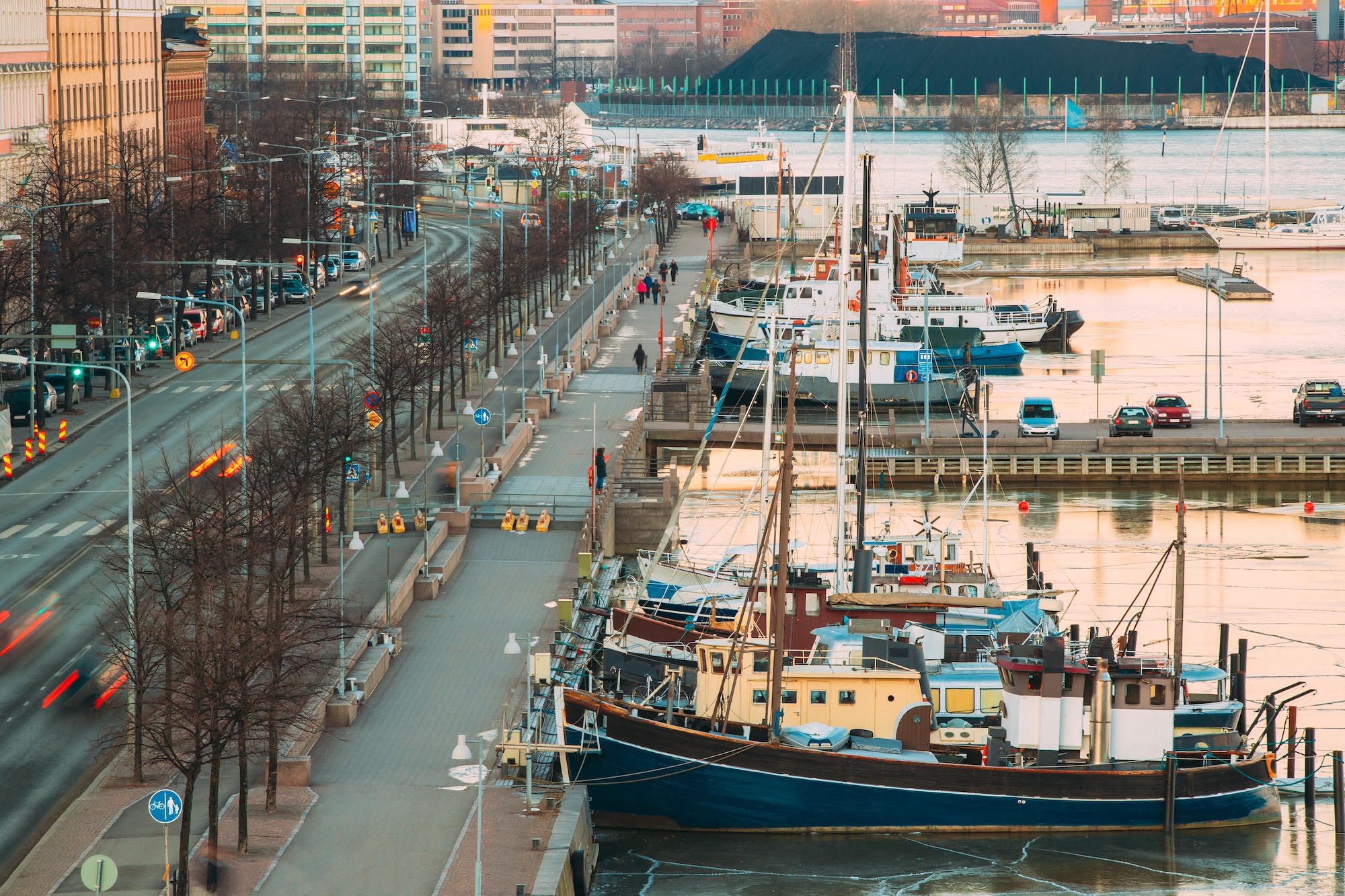 Helsinki, Finland. View Of Pohjoisranta Street And Ships, Boats