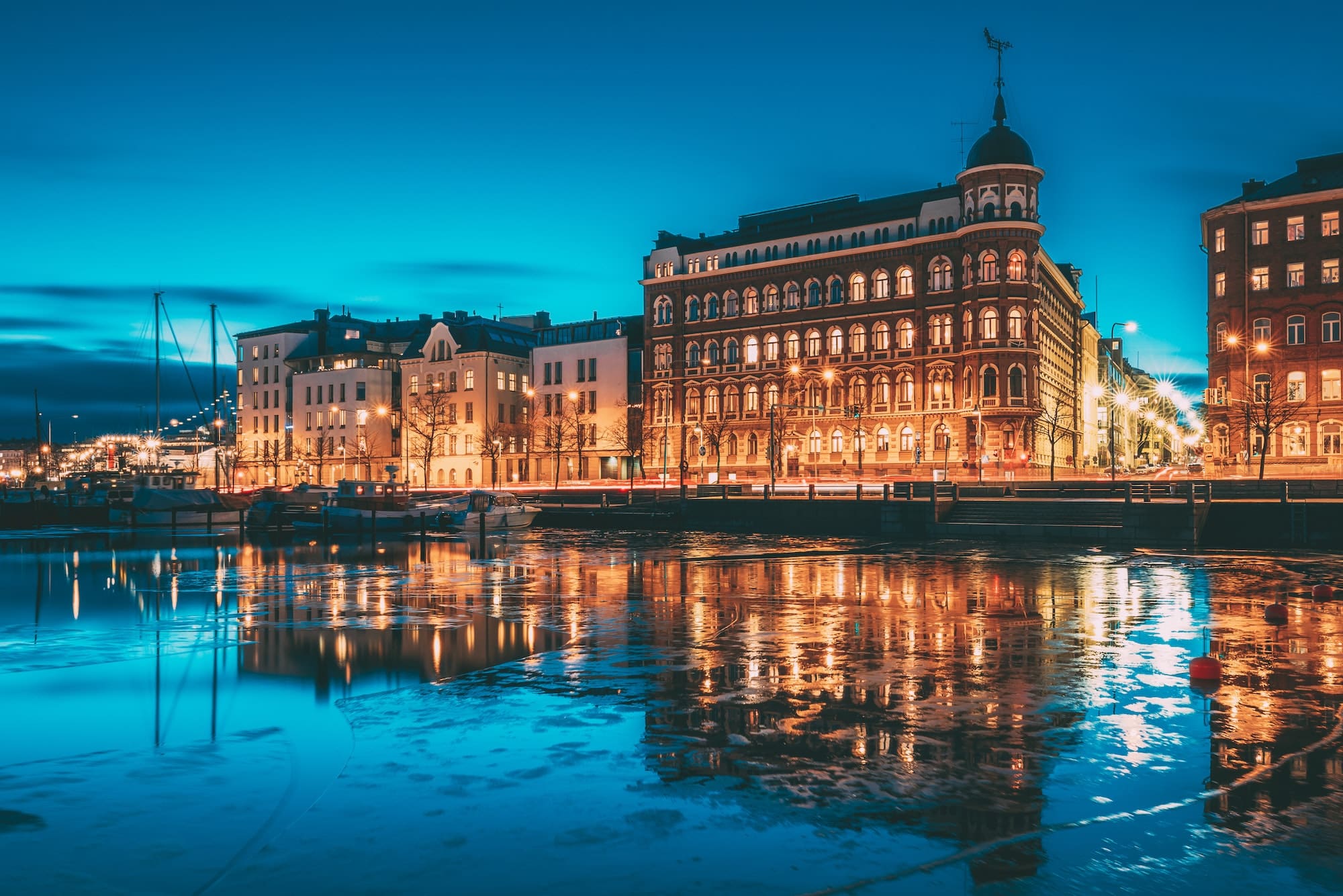 Helsinki, Finland. View Of Pohjoisranta Street In Evening Or Nig