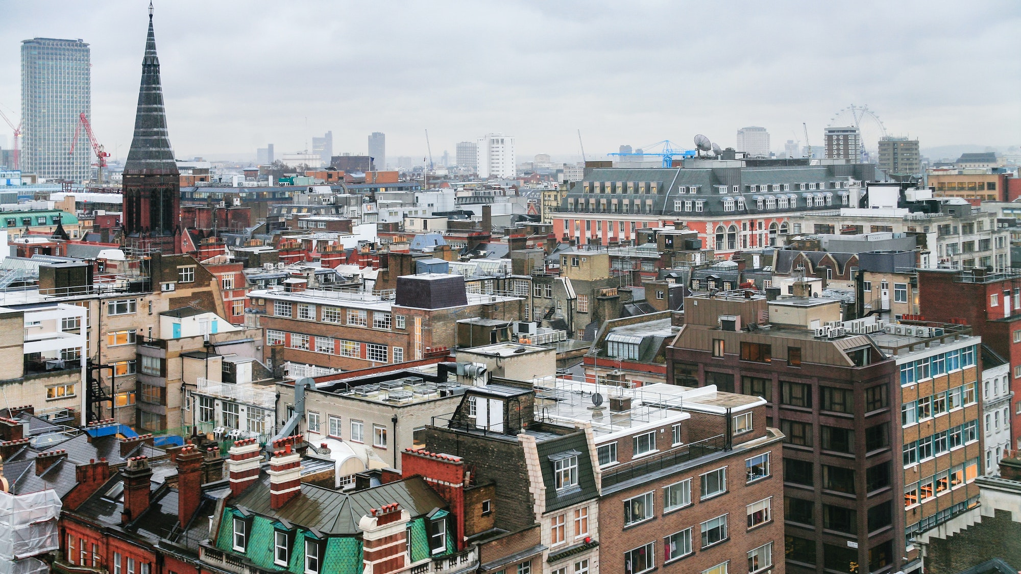 houses in London city in rainy winter day