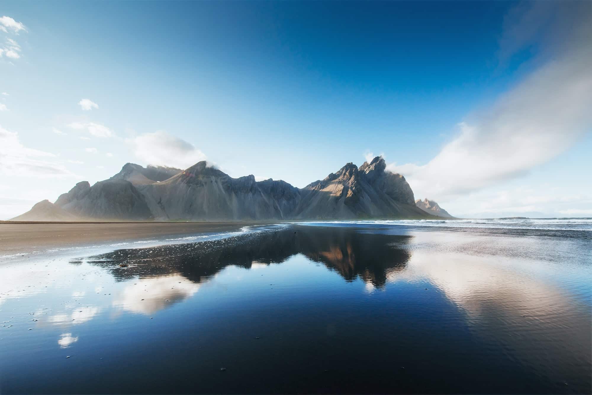 Jokulsarlon glacier lagoon, fantastic sunset on the black beach, Iceland
