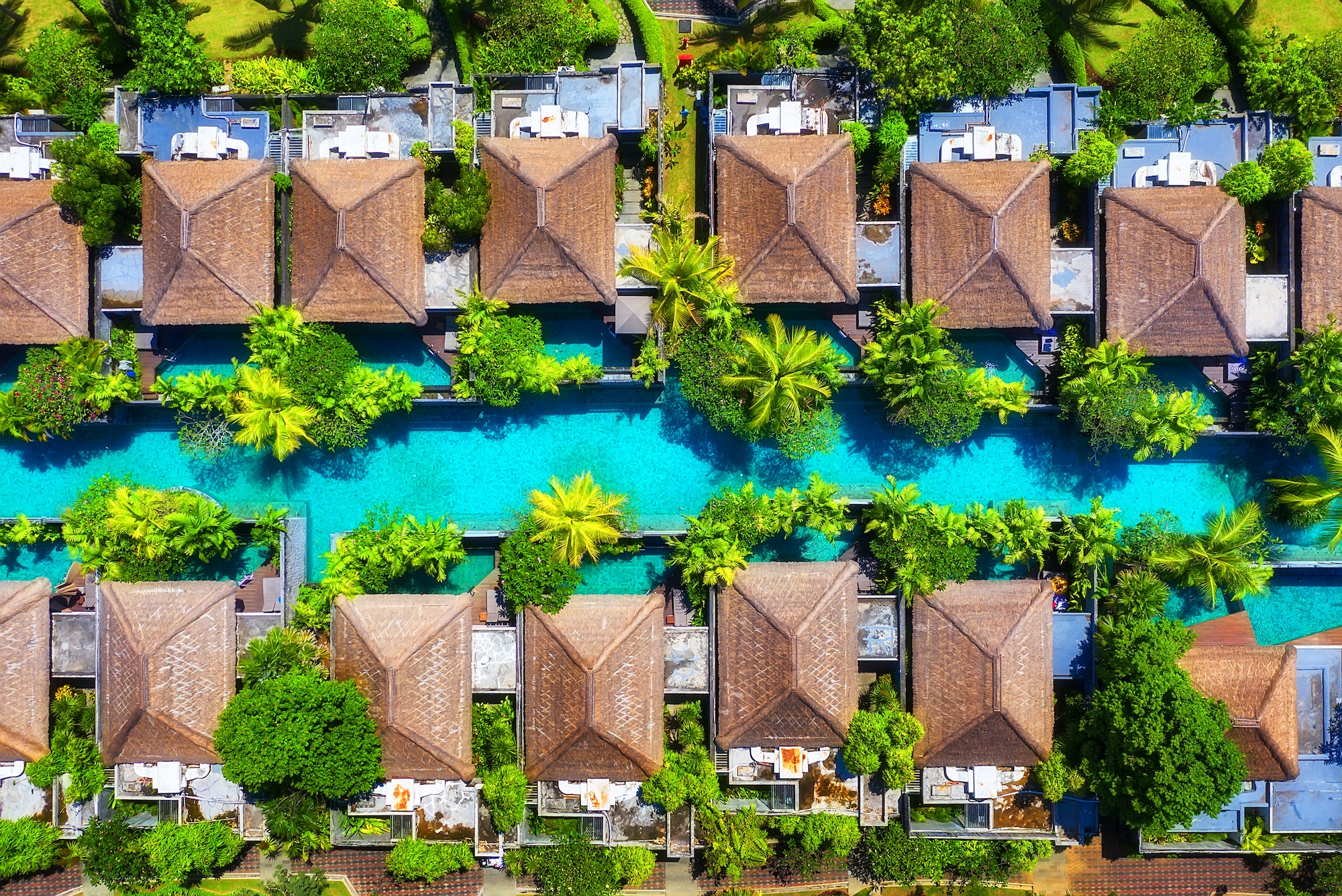 Landscape from the air in the Indonesia. Houses and pool