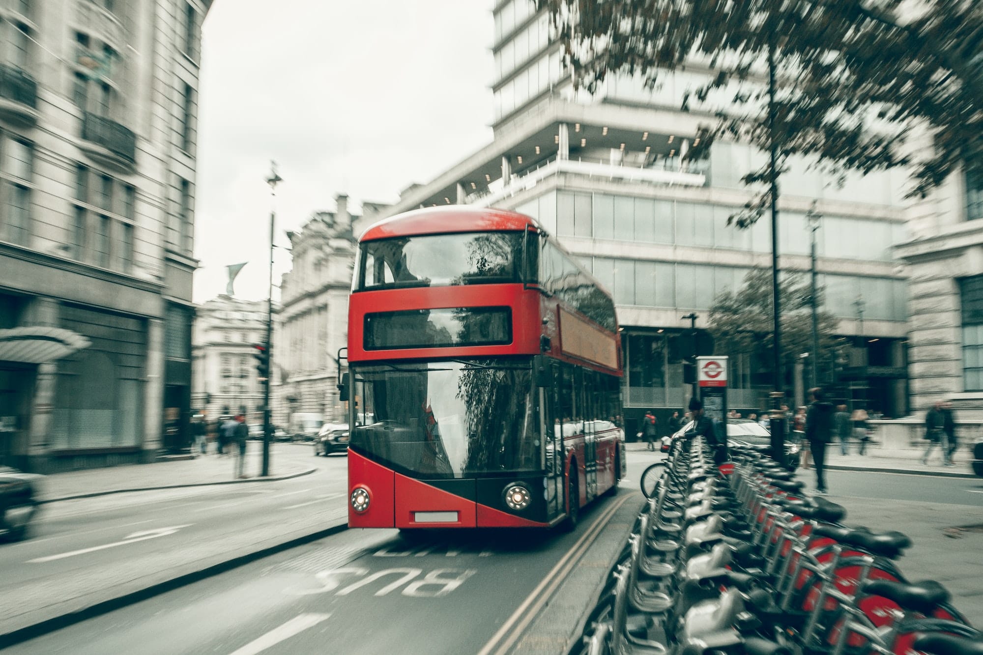 London red bus in motion.
