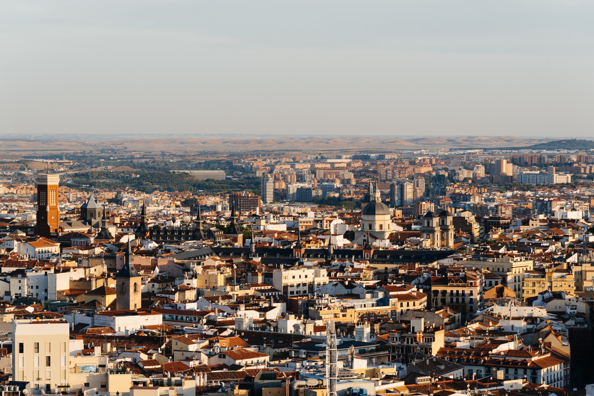 Madrid city centre aerial panoramic view at sunset
