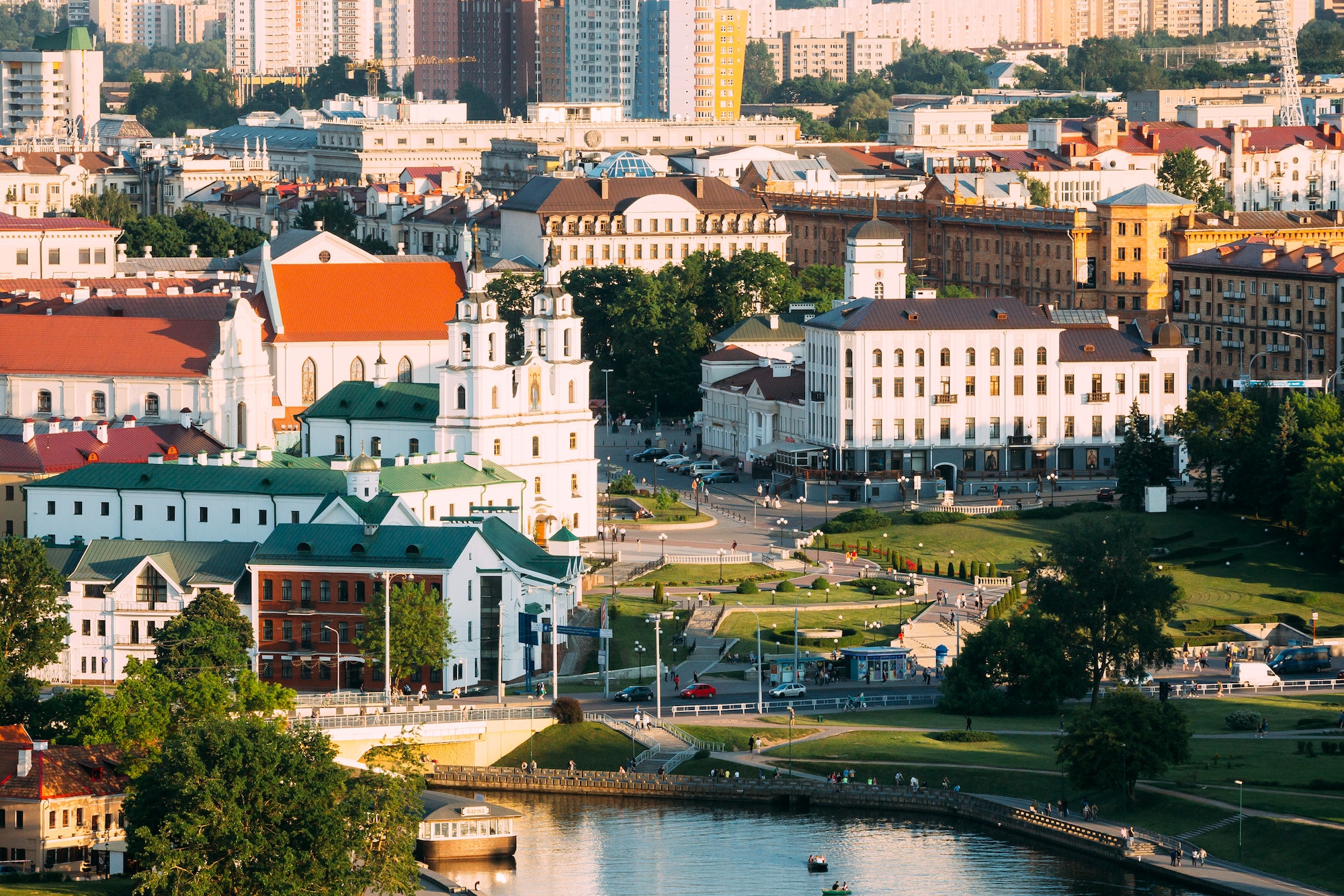 Minsk, Belarus. Elevated View Of Historical Center Old Town. Minsk Skyline In Sunny Summer Evening