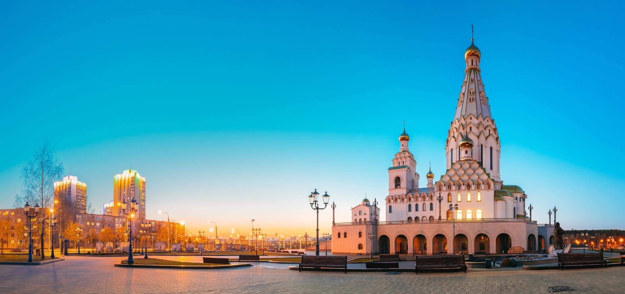 Minsk, Belarus. Panorama Of All Saints Church In Sunset Time. Mi