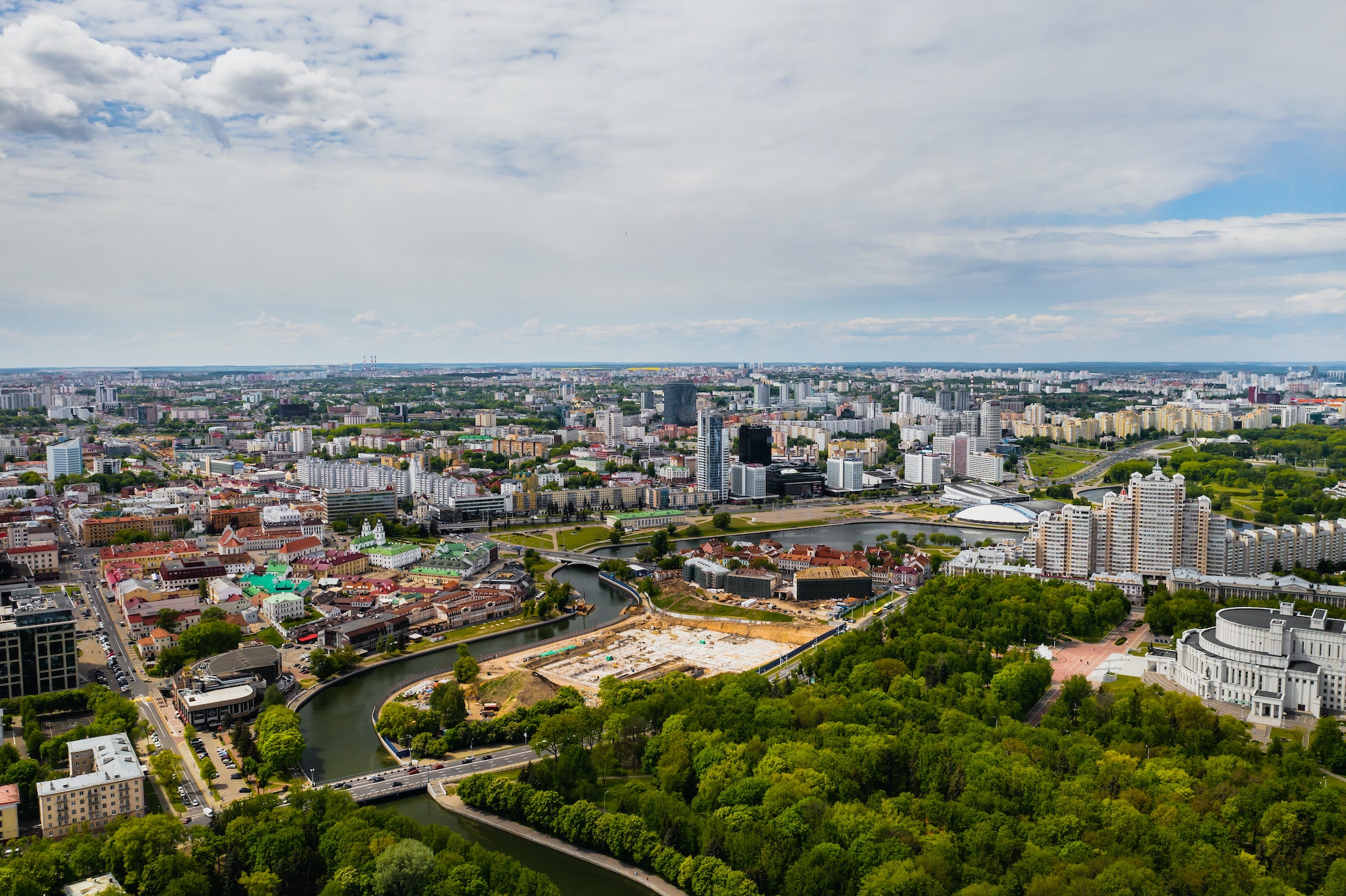 Minsk streets from a bird's eye view.the old city Center of Minsk from a height.Belarus