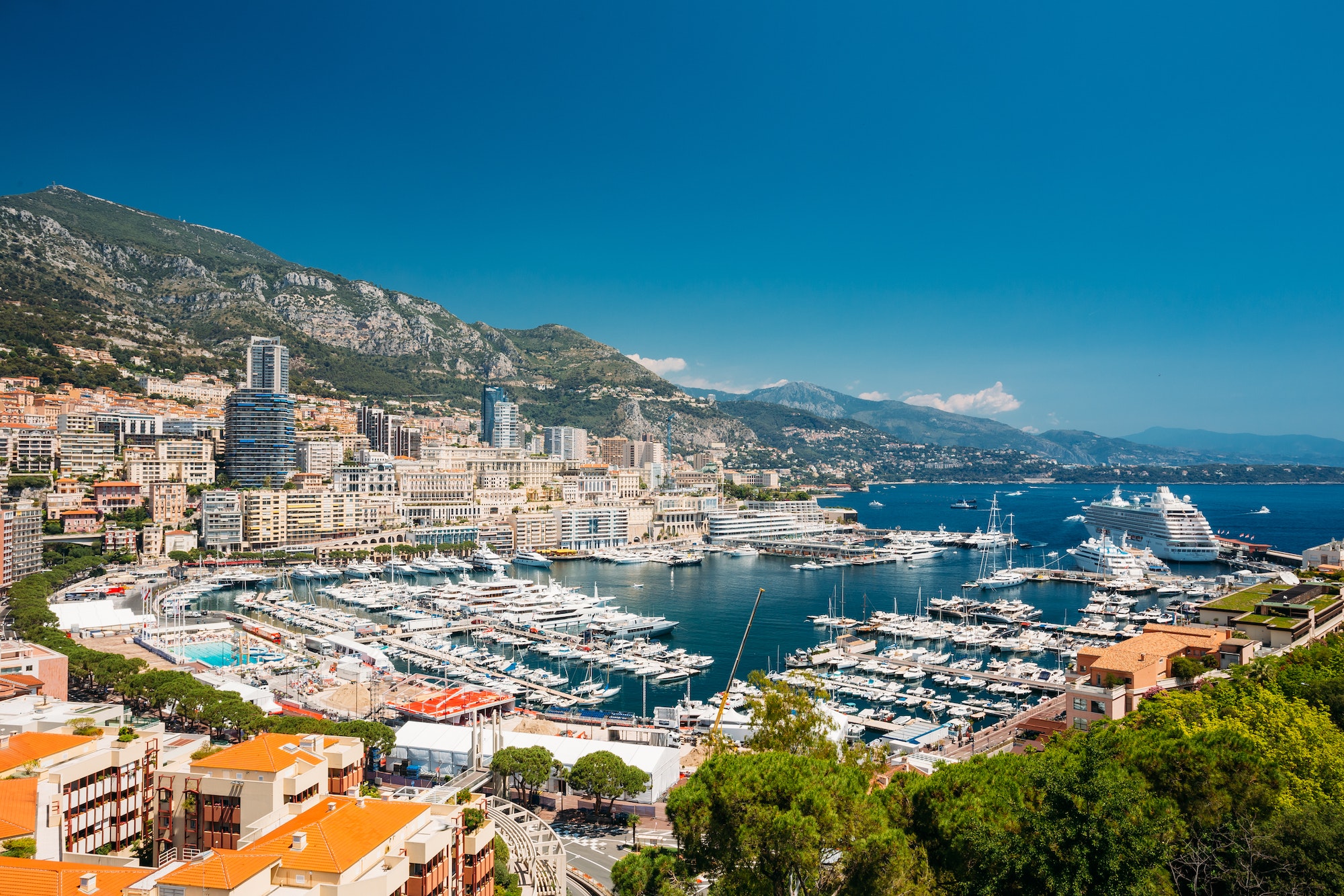 Monaco, Monte Carlo cityscape. Real estate architecture on mount