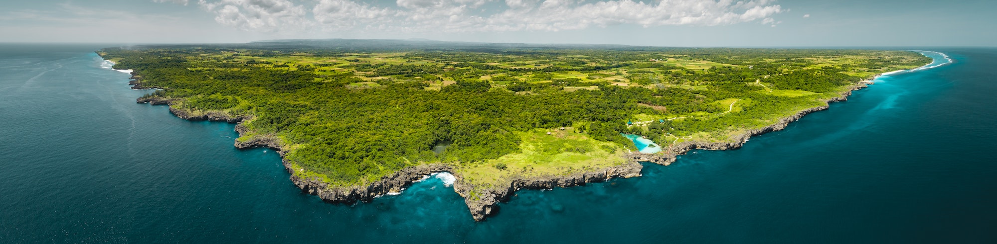 Panorama island, ocean. Aerial drone shot. Indonesia