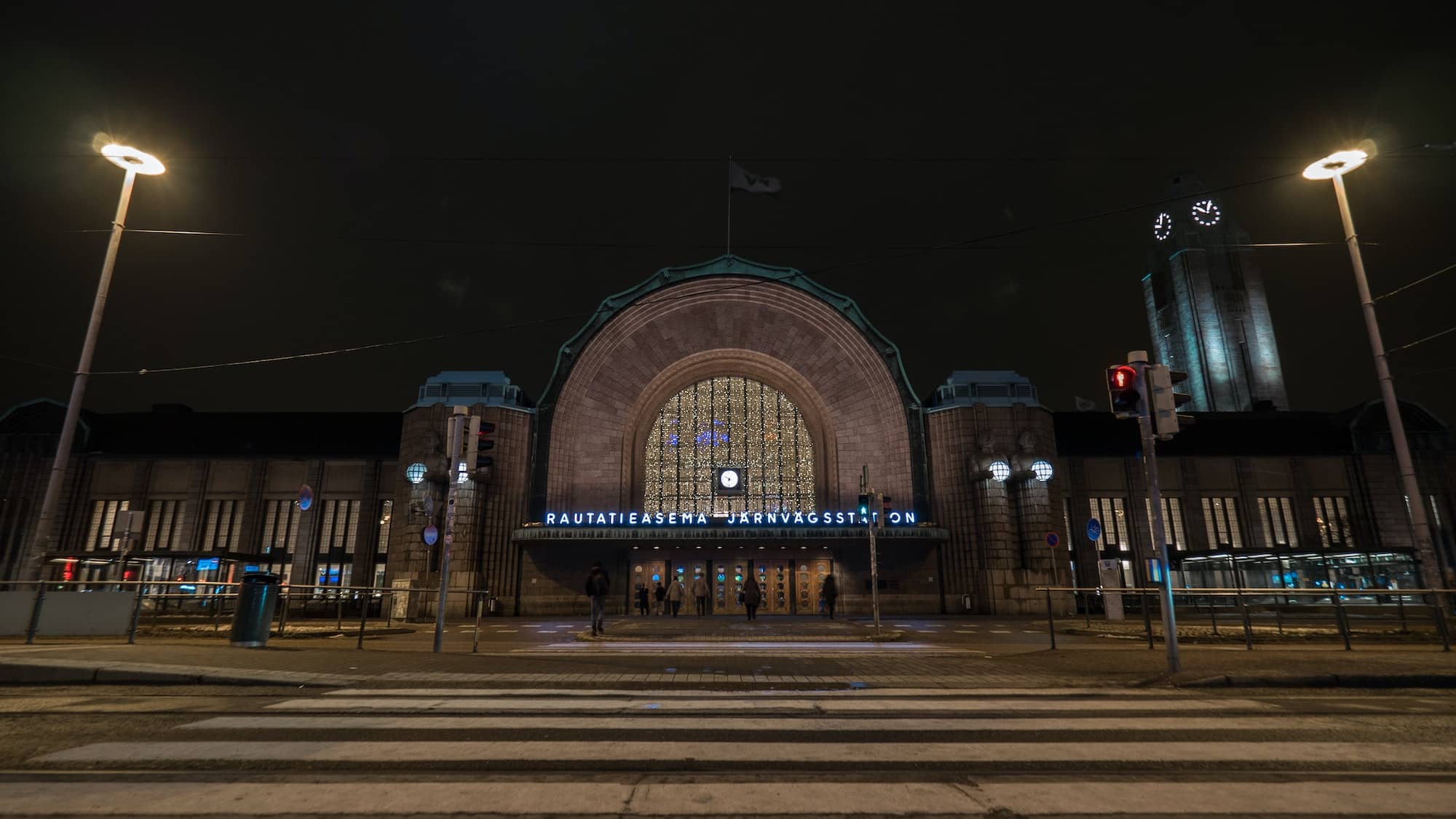 Pedestrian crossing leading to Helsinki Central railway station, night view