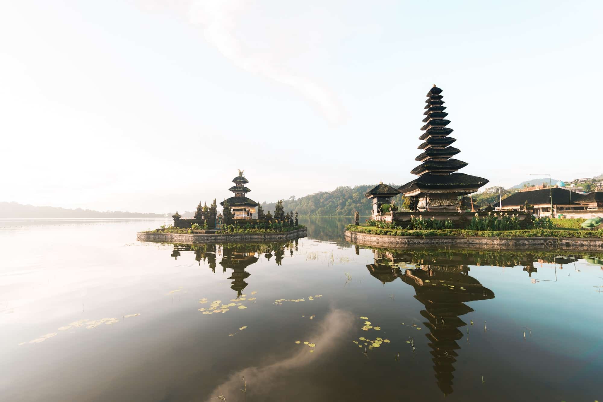Pura Ulun Danu Beratan temple at sunrise in Bali, Indonesia