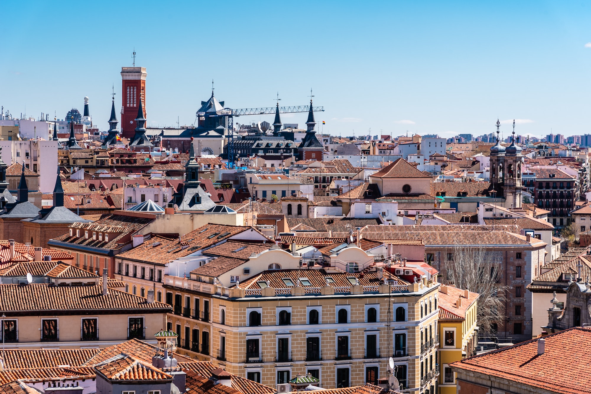 Skyline of old central Madrid, aerial view