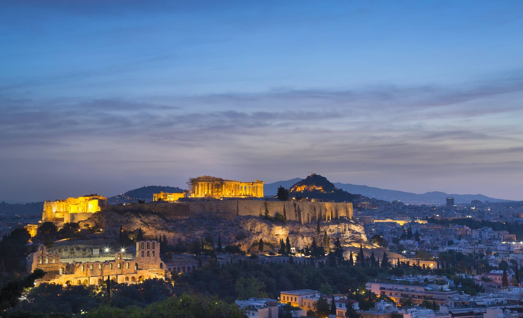 The Acropolis illuminated at night, Athens, Attiki, Greece, Europe