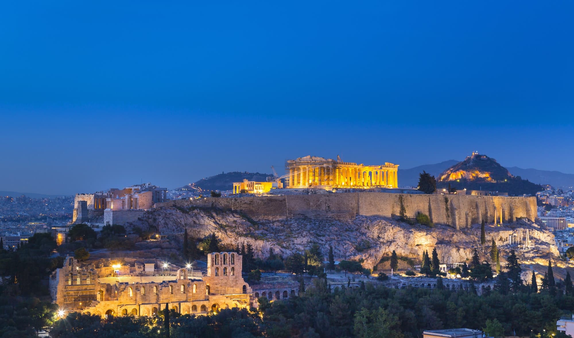 The Acropolis illuminated at night, Athens, Attiki, Greece, Europe