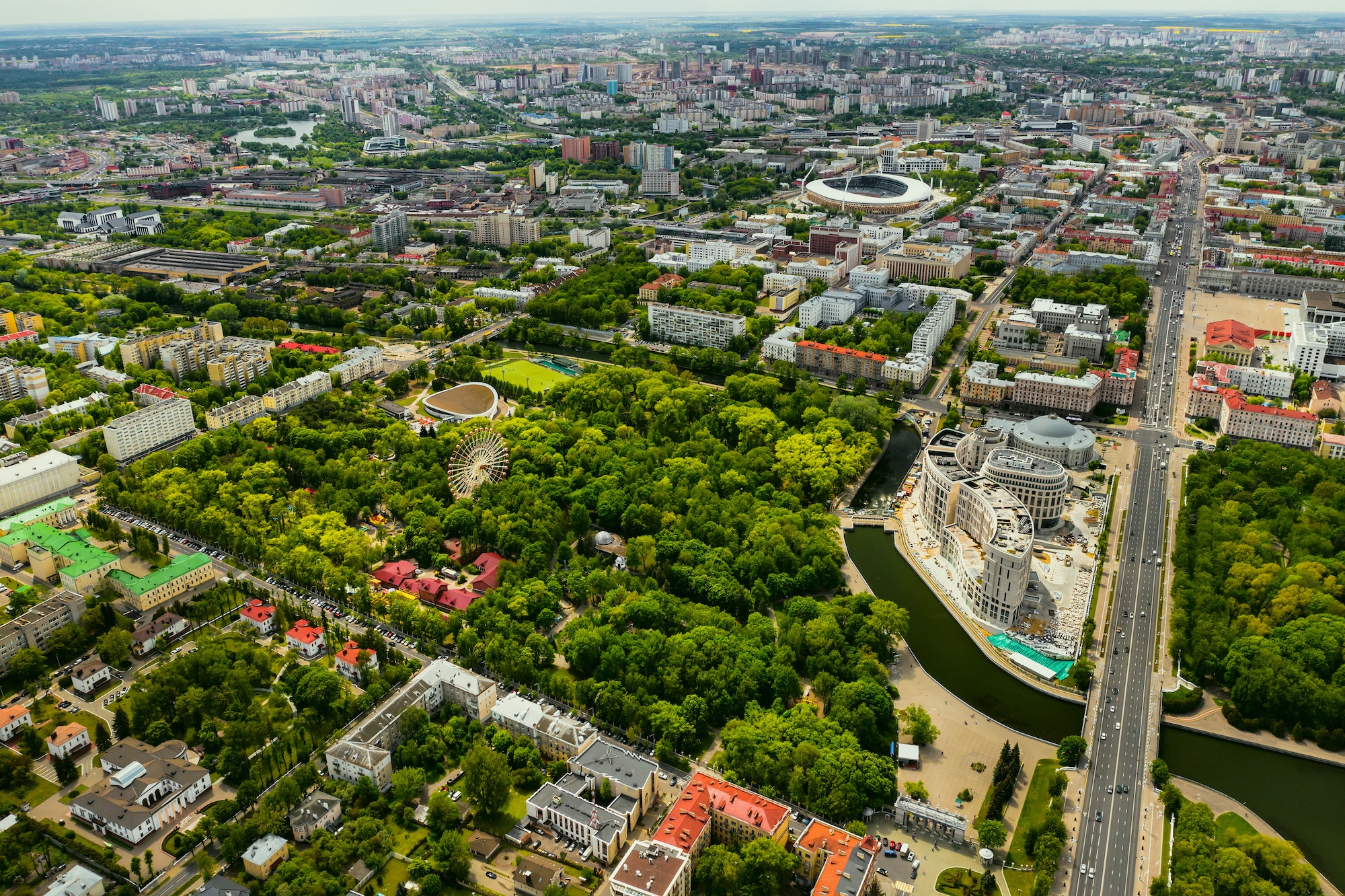 Top view of a Park in Minsk with a Ferris wheel.A bird's-eye view of the city of Minsk .Belarus